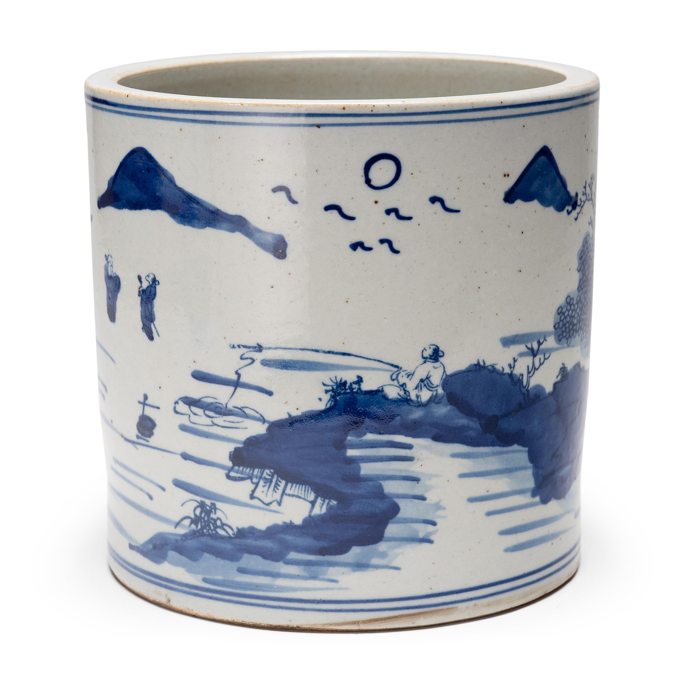 Chinese Export Blue and White Brush Pot with Shan Shui Landscape For Sale