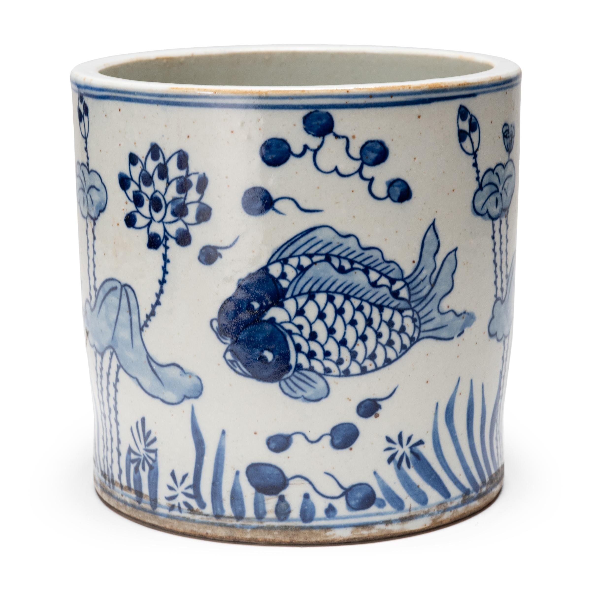 Chinese Blue and White Brush Pot with Fish & Flora For Sale