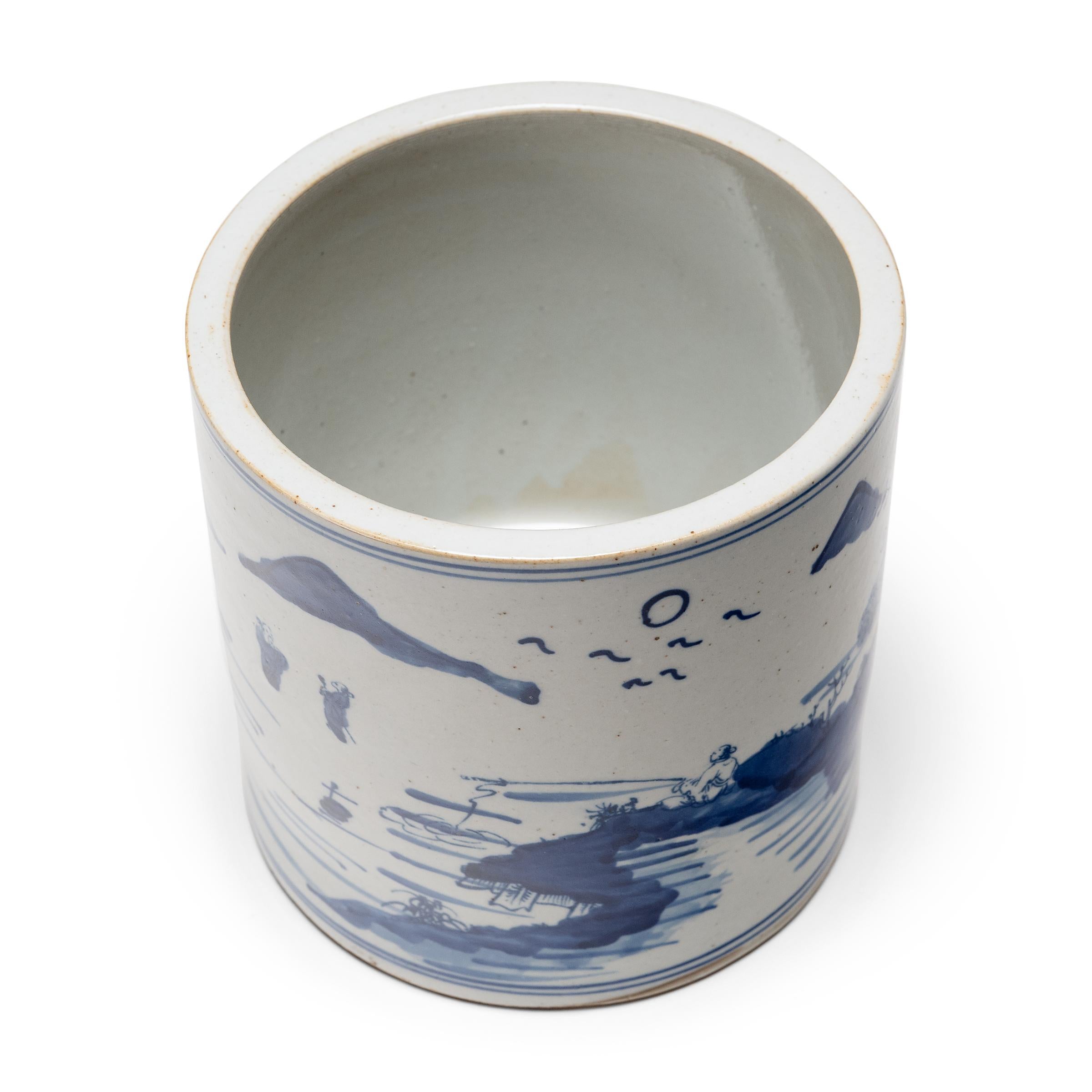 Chinese Blue and White Brush Pot with Shan Shui Landscape For Sale