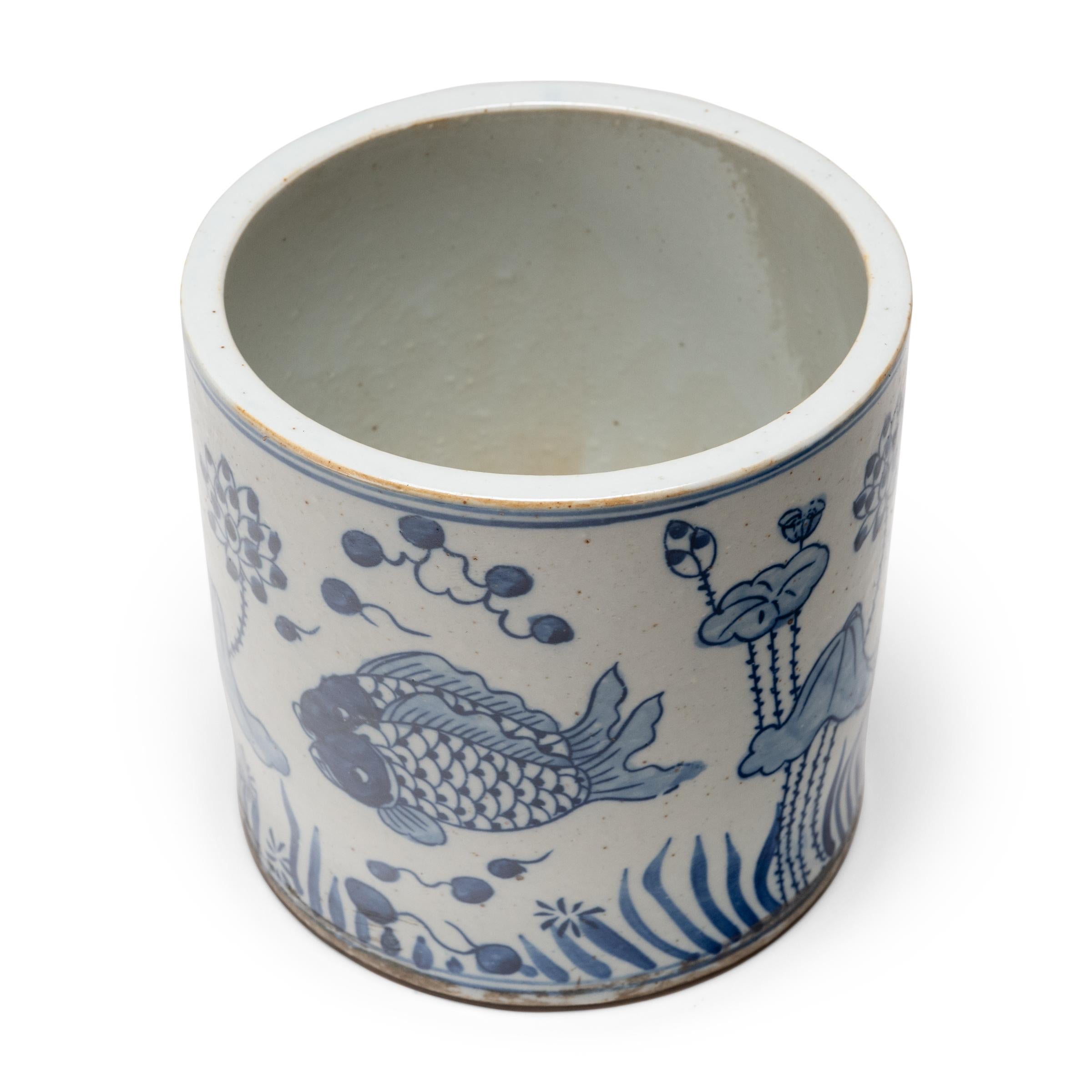 Glazed Blue and White Brush Pot with Fish & Flora For Sale