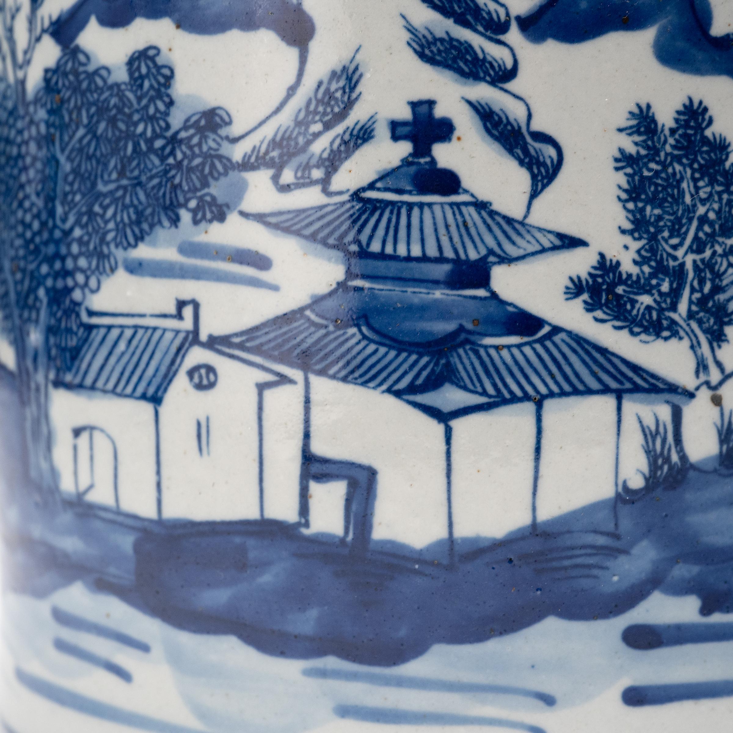 Glazed Blue and White Brush Pot with Shan Shui Landscape For Sale