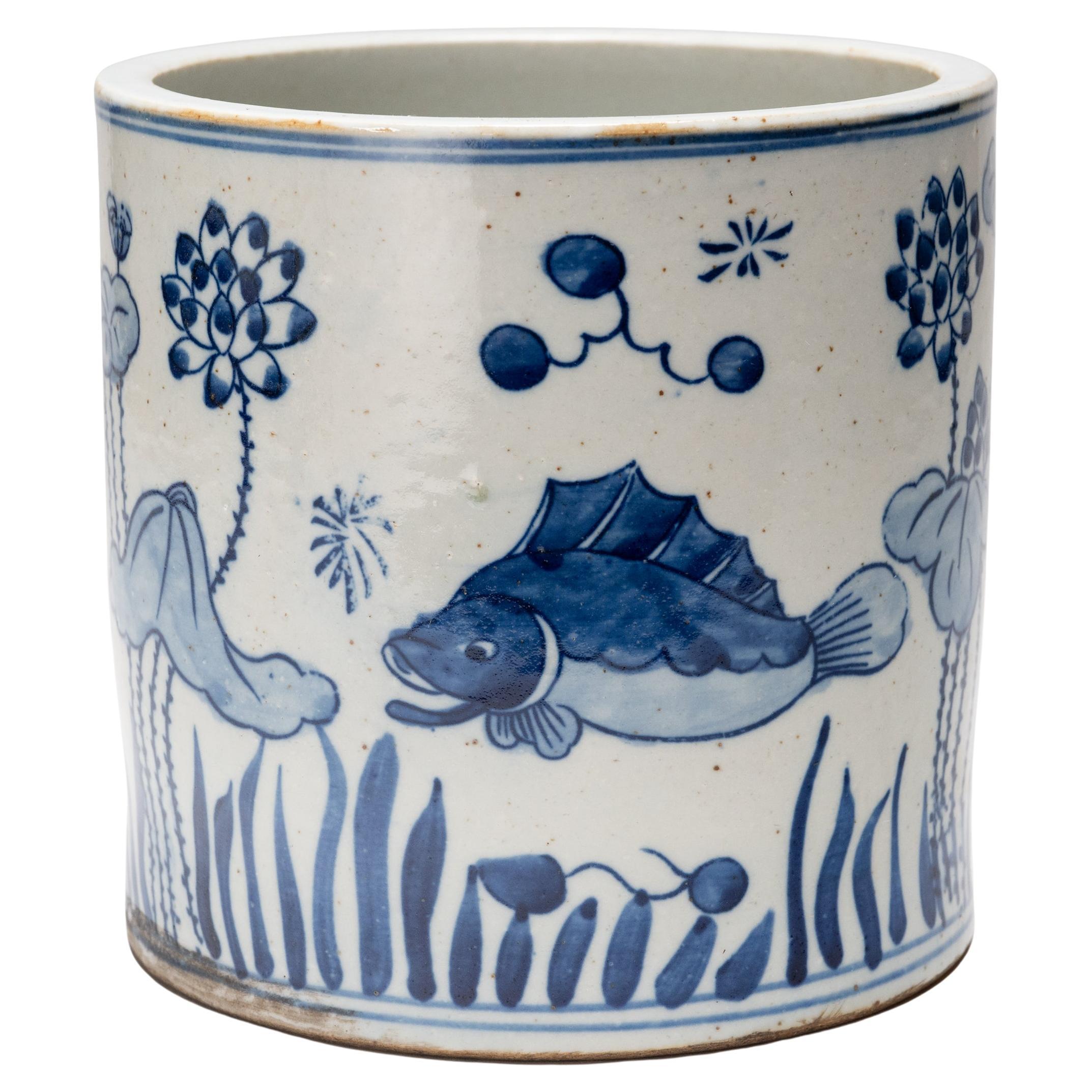 Blue and White Brush Pot with Fish & Flora