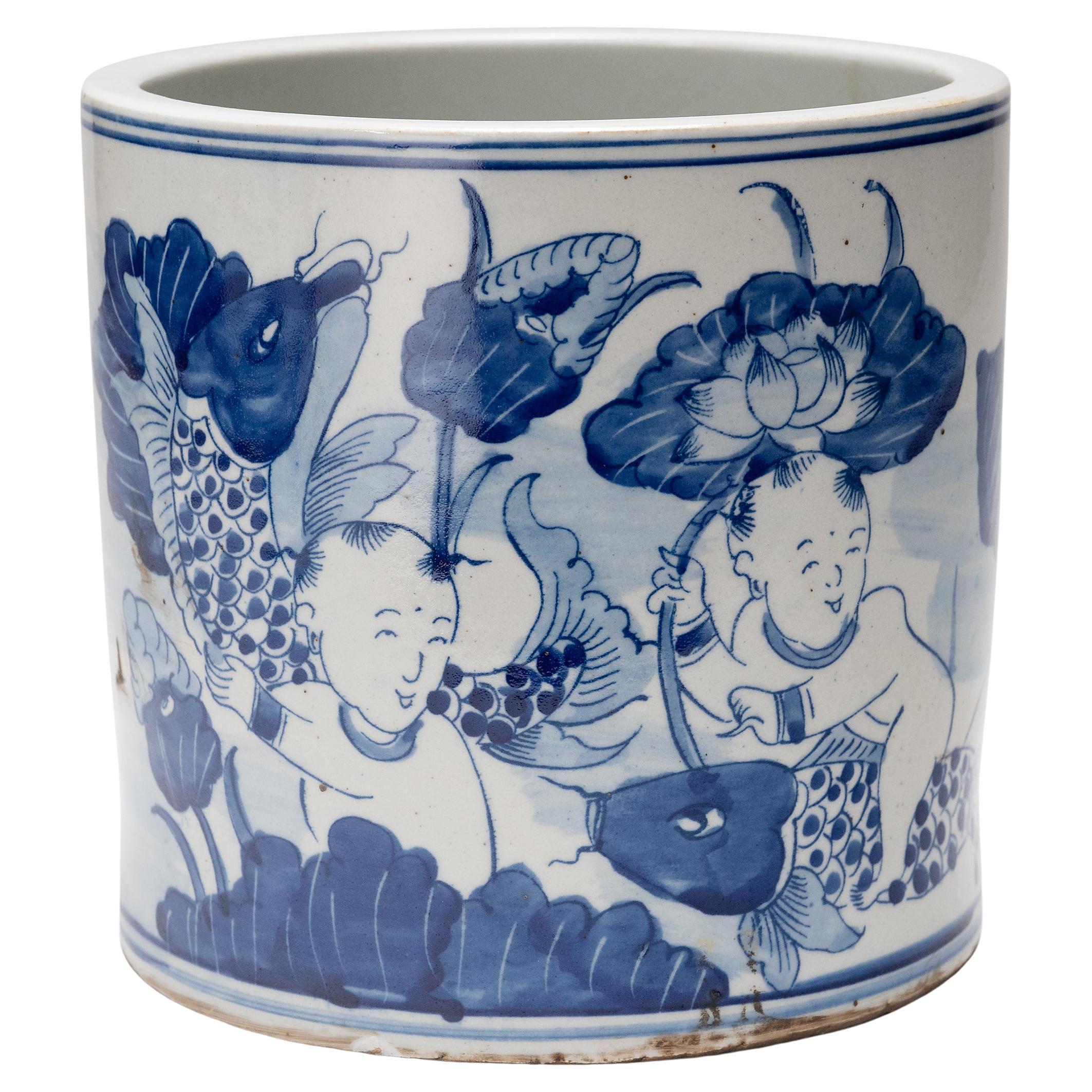 Blue and White Brush Pot with Koi & Lotus For Sale