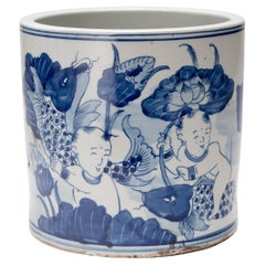Antique Blue and White Brush Pot with Koi & Lotus