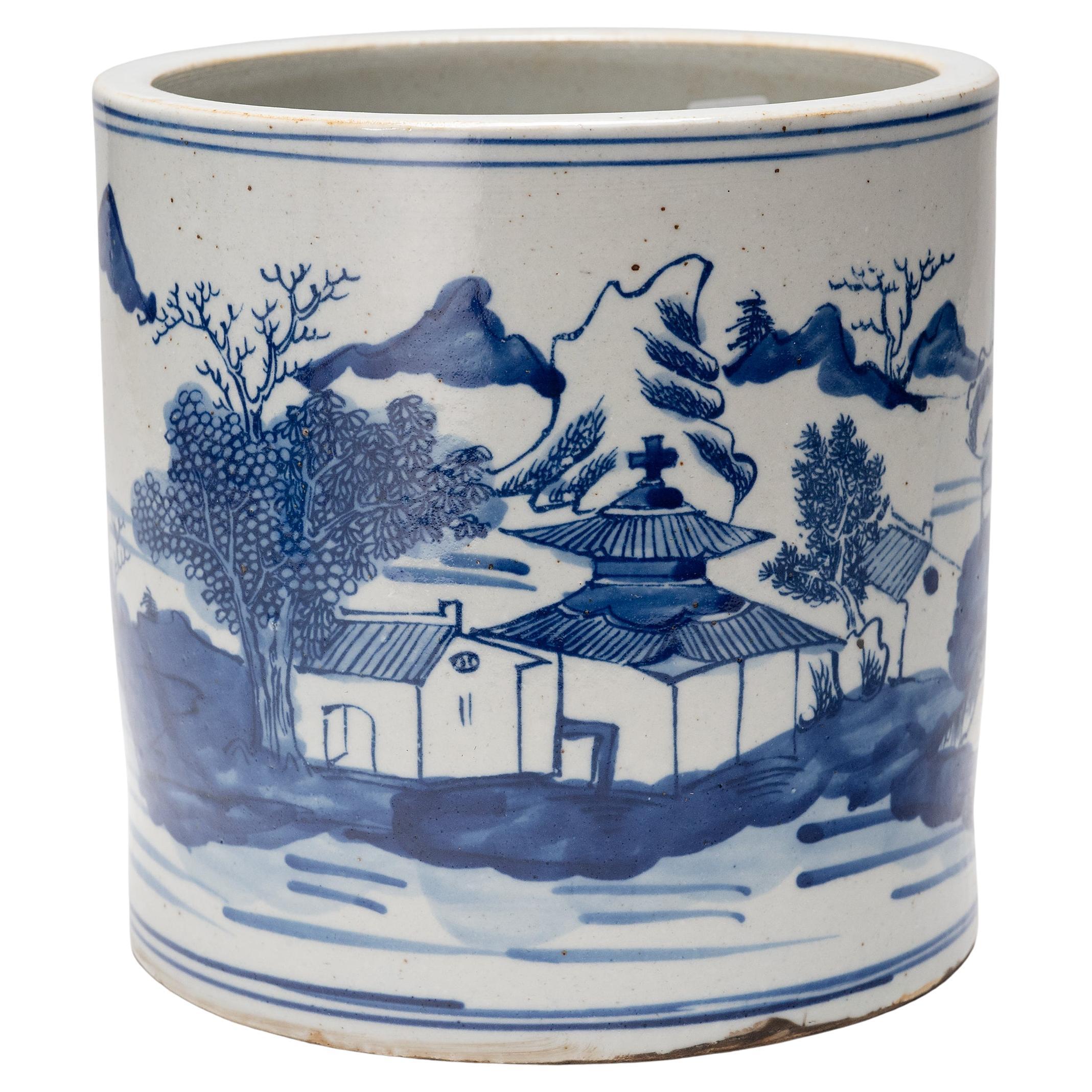 Blue and White Brush Pot with Shan Shui Landscape For Sale