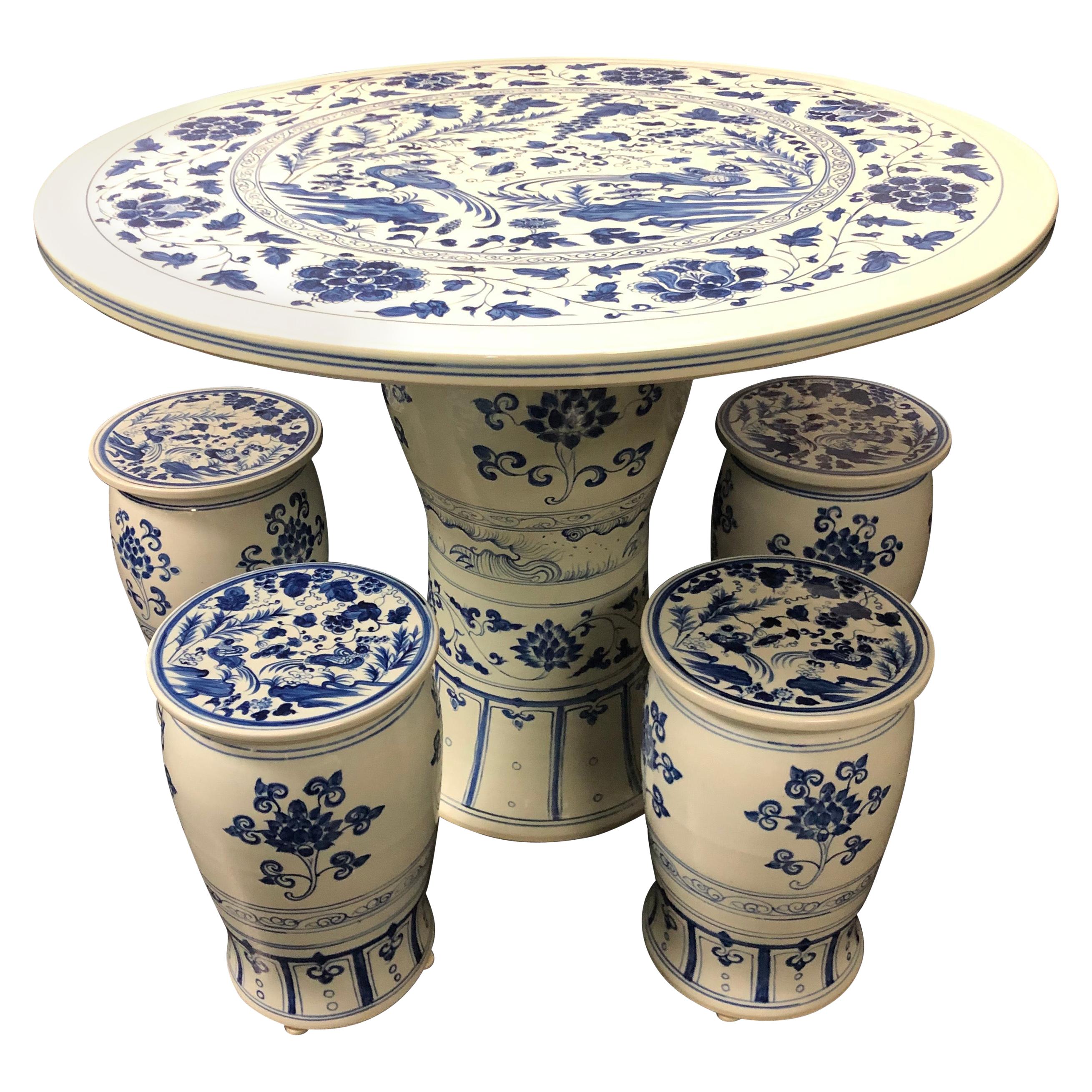 Chinese Blue and White Cafe Table and Four Stools