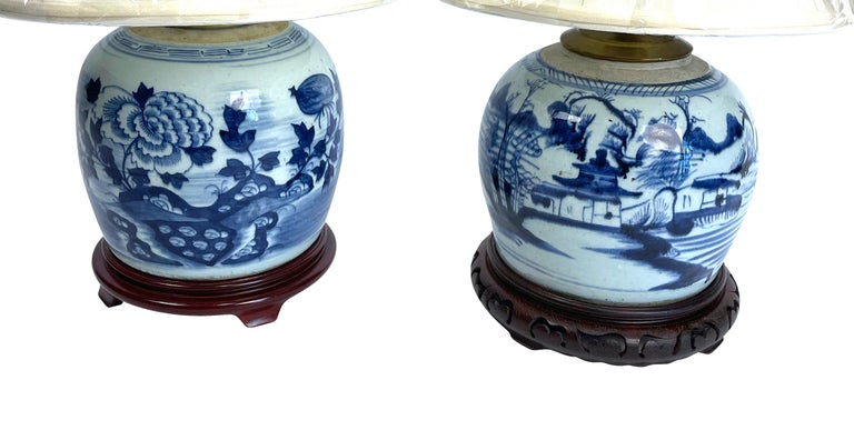 Chinese Blue and White Canton Ginger Jar Lamps Near Pair For Sale 7