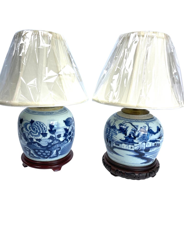 North American Chinese Blue and White Canton Ginger Jar Lamps Near Pair For Sale