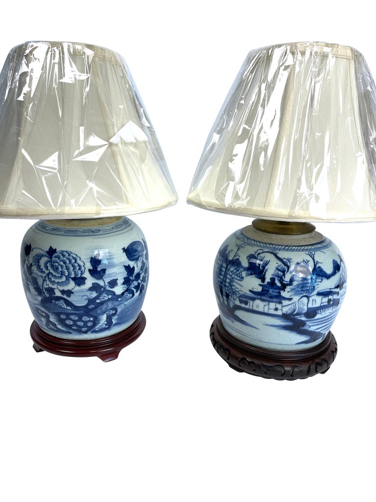 Chinese Blue and White Canton Ginger Jar Lamps Near Pair In Good Condition For Sale In South Hamilton, MA