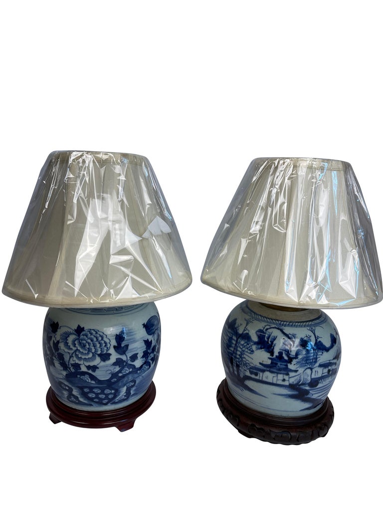 Contemporary Chinese Blue and White Canton Ginger Jar Lamps Near Pair For Sale