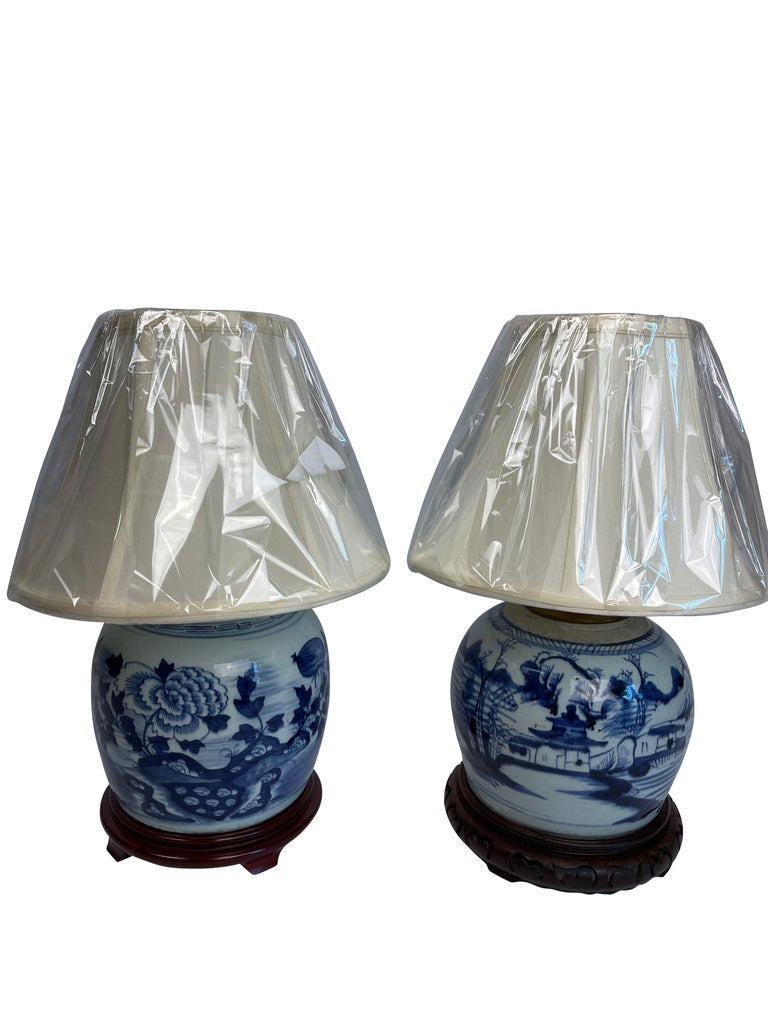 Chinese Blue and White Canton Ginger Jar Lamps Near Pair For Sale 1
