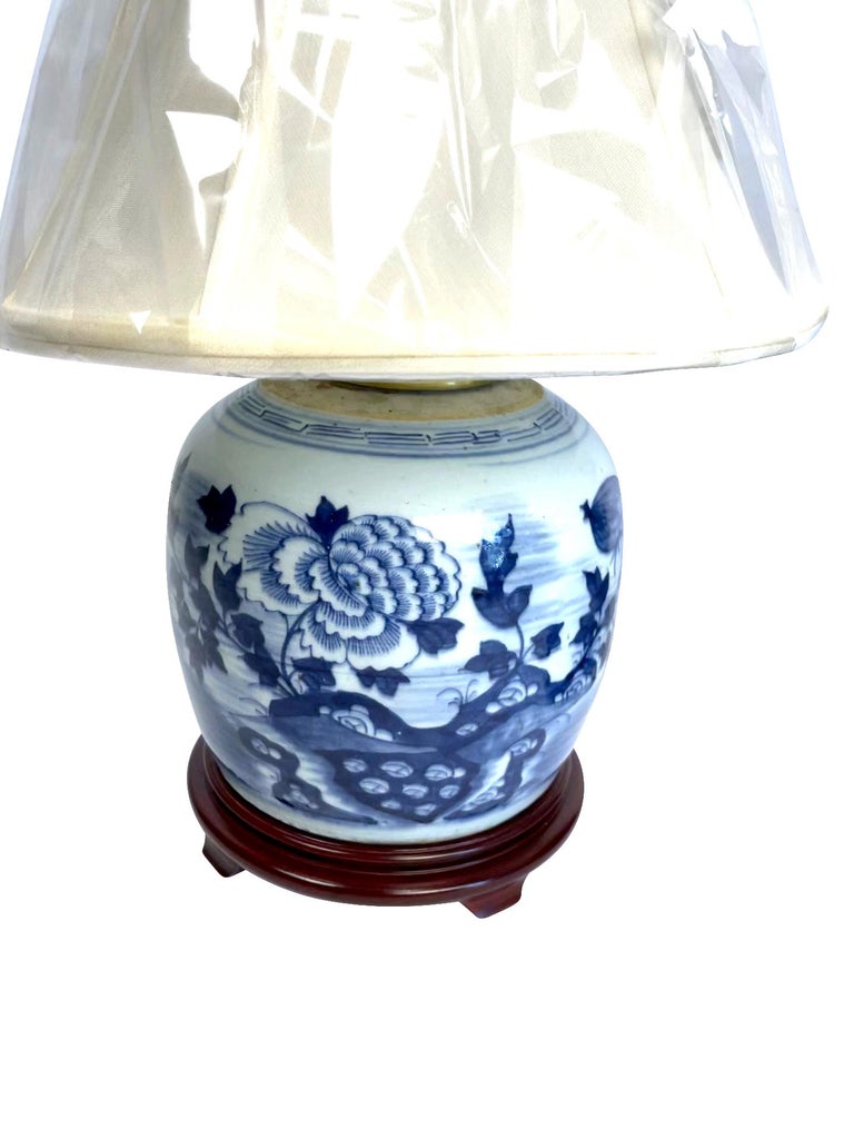Porcelain Chinese Blue and White Canton Ginger Jar Lamps Near Pair For Sale