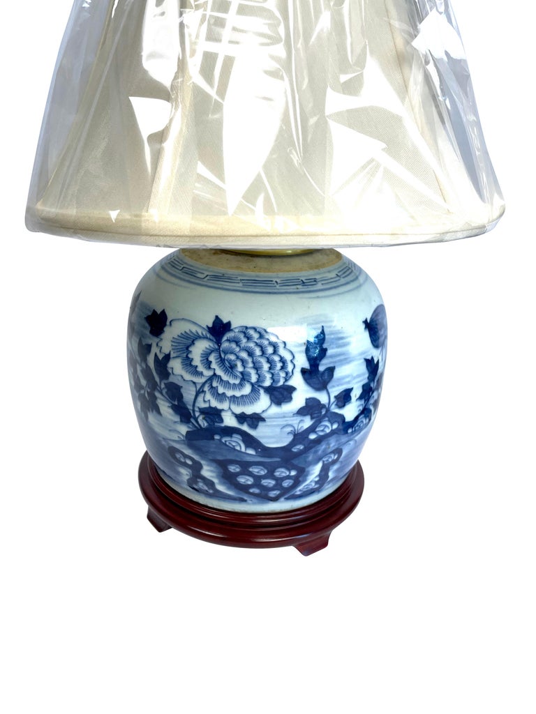 Chinese Blue and White Canton Ginger Jar Lamps Near Pair For Sale 2