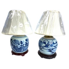 Chinese Blue and White Canton Ginger Jar Lamps Near Pair
