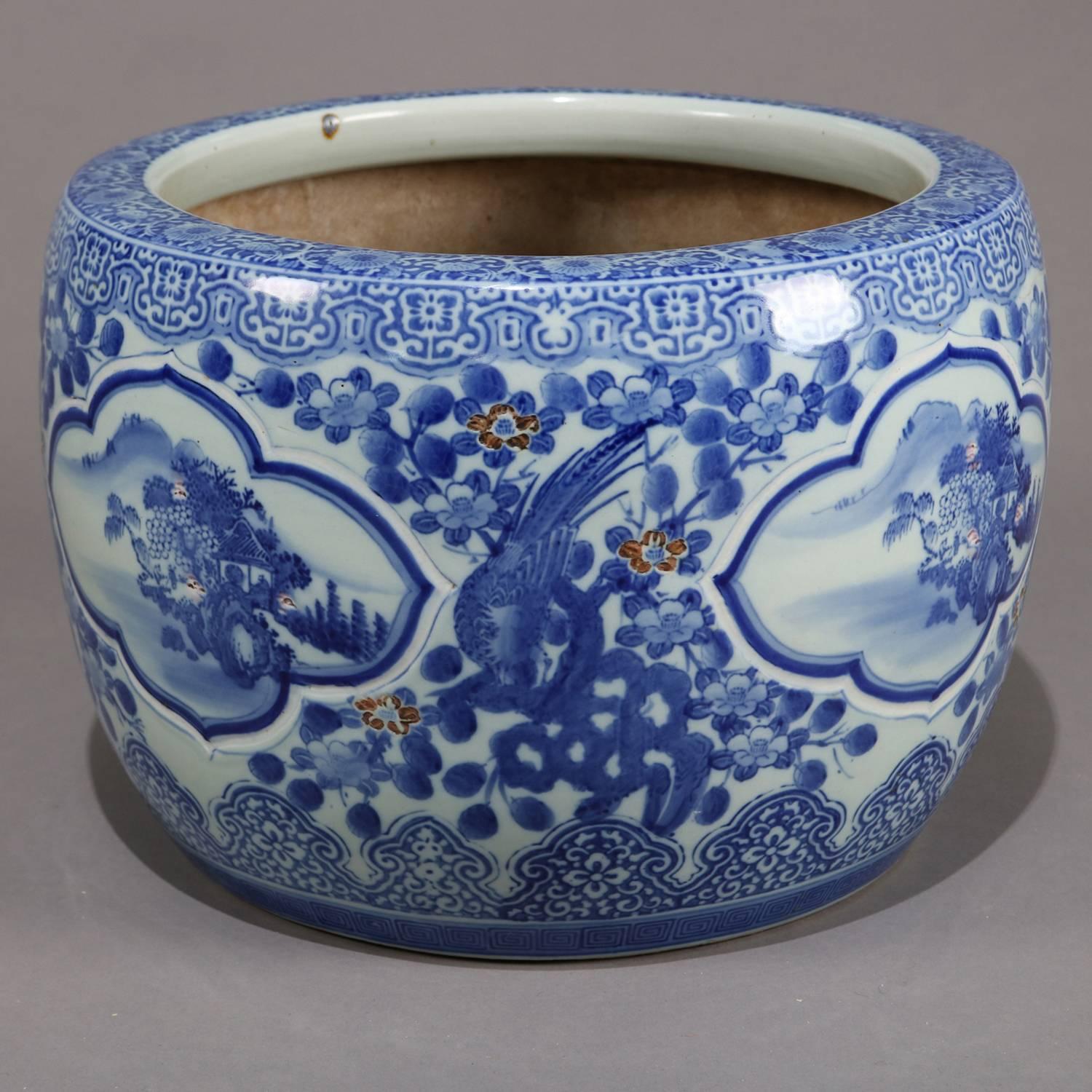 Chinese Blue and White Ceramic Fishbowl Jardinière with Fenghuang, 20th Century In Good Condition In Big Flats, NY