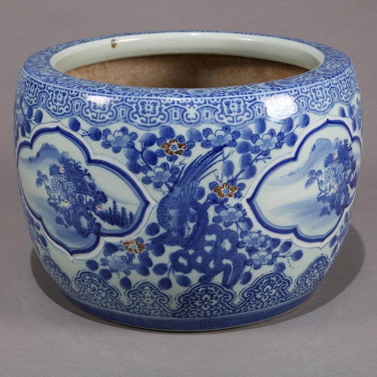Chinese Blue and White Ceramic Fishbowl Jardinière with Fenghuang, 20th