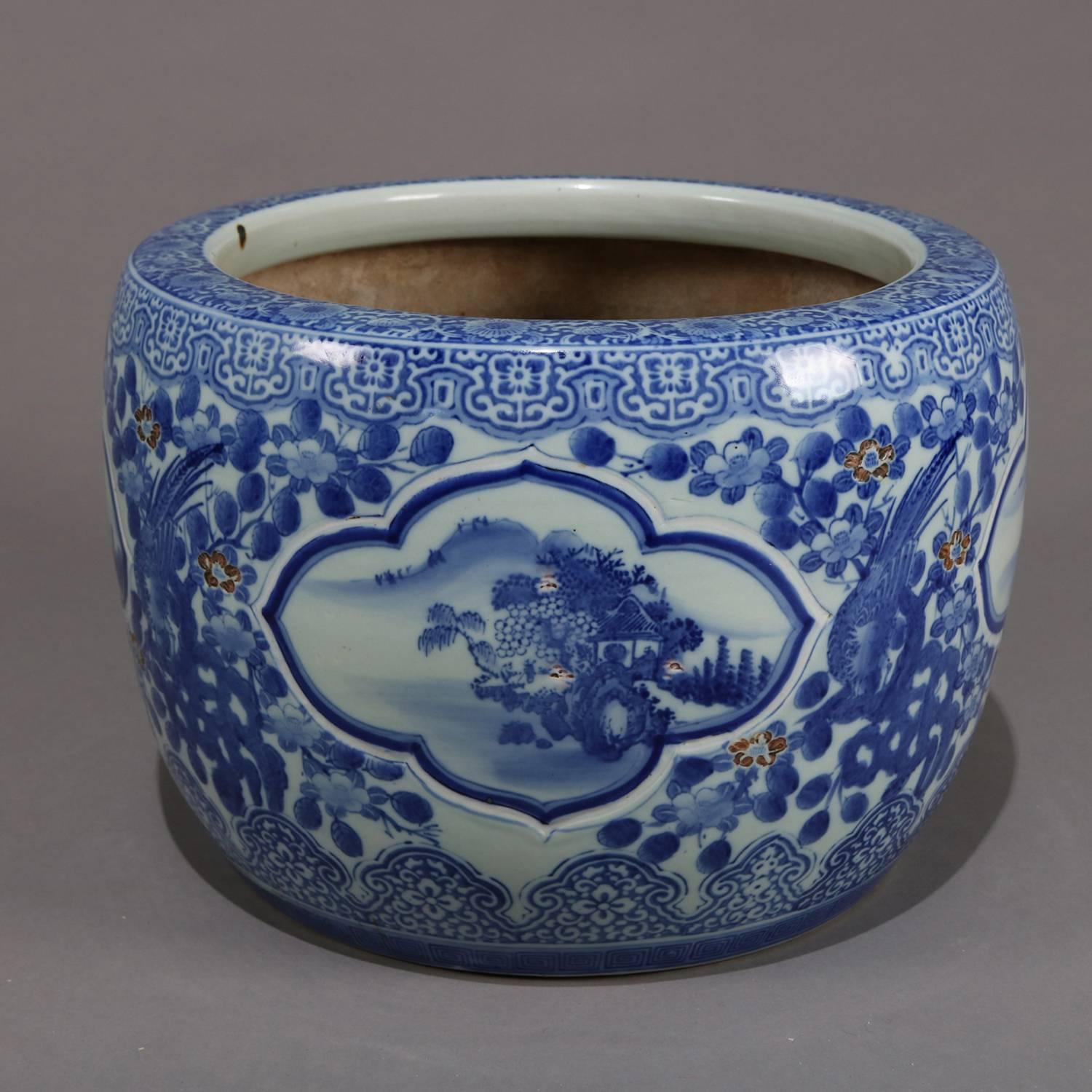 Chinese Blue and White Ceramic Fishbowl Jardinière with Fenghuang, 20th Century 2