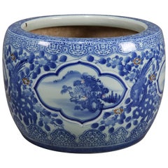 Vintage Chinese Blue and White Ceramic Fishbowl Jardinière with Fenghuang, 20th Century