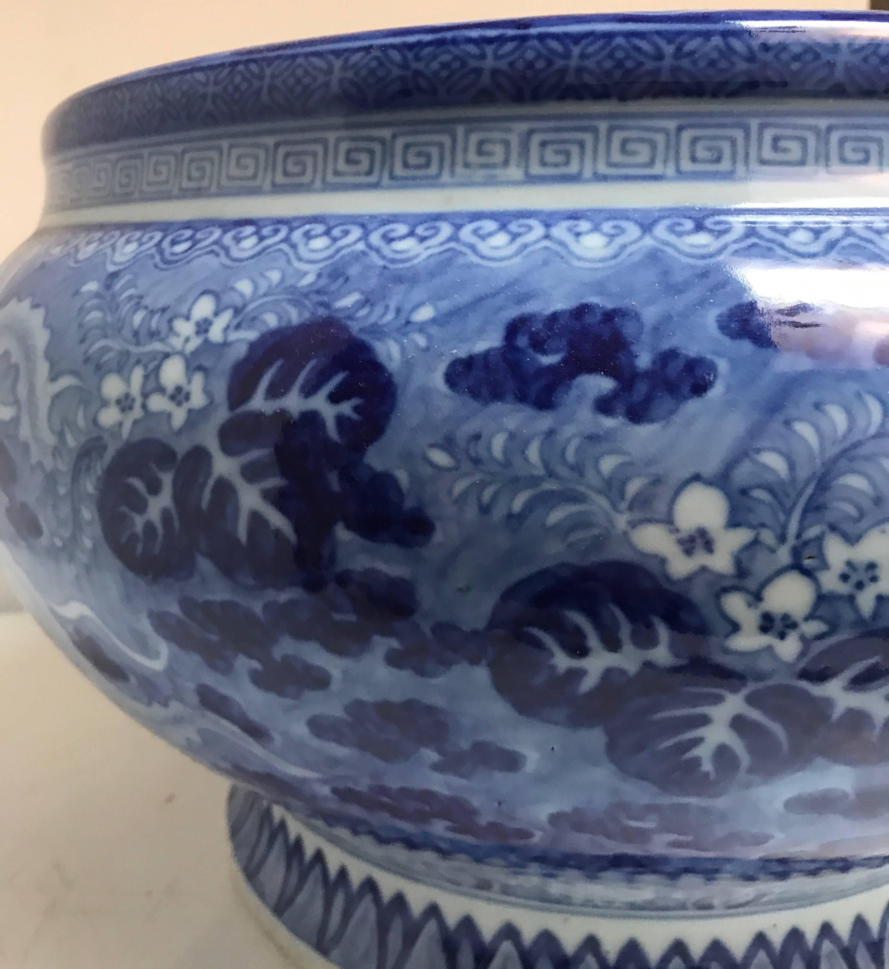Japanese Blue and White Ceramic Fishbowl Planter Jardinière Cachepot 2