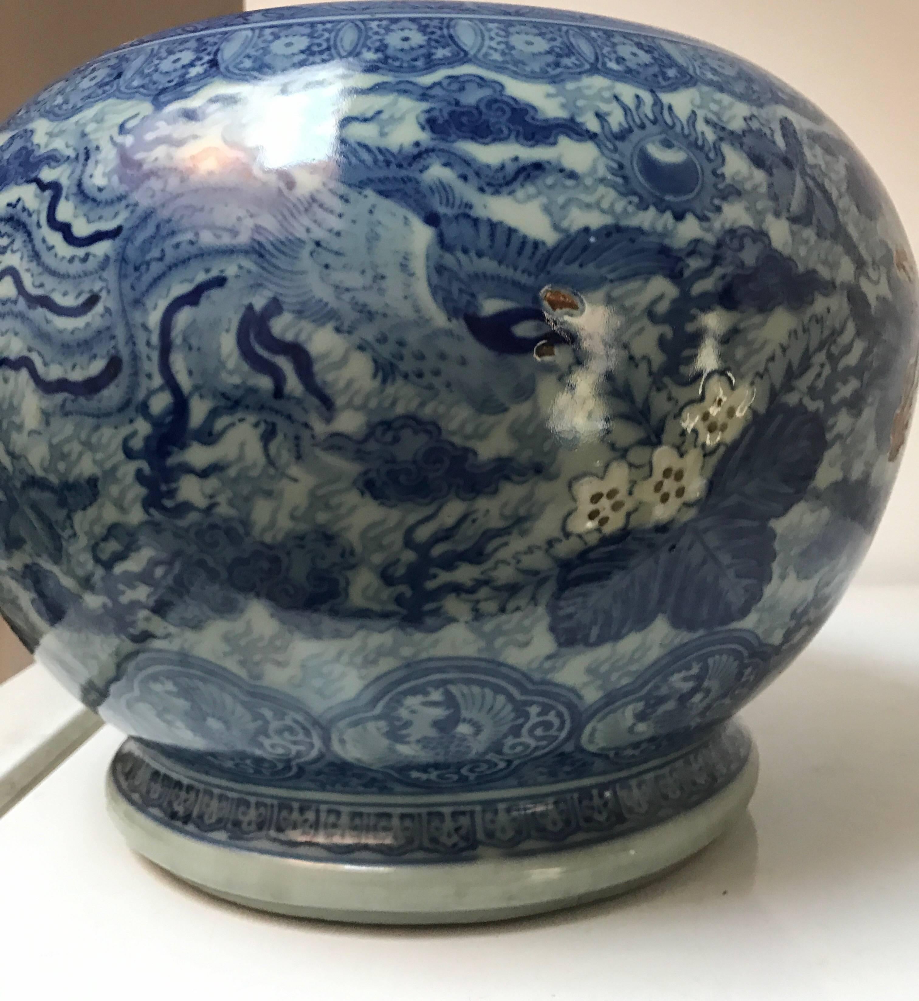 Japanese Blue and White Ceramic Fishbowl Planter Jardinière Cachepot For Sale 5