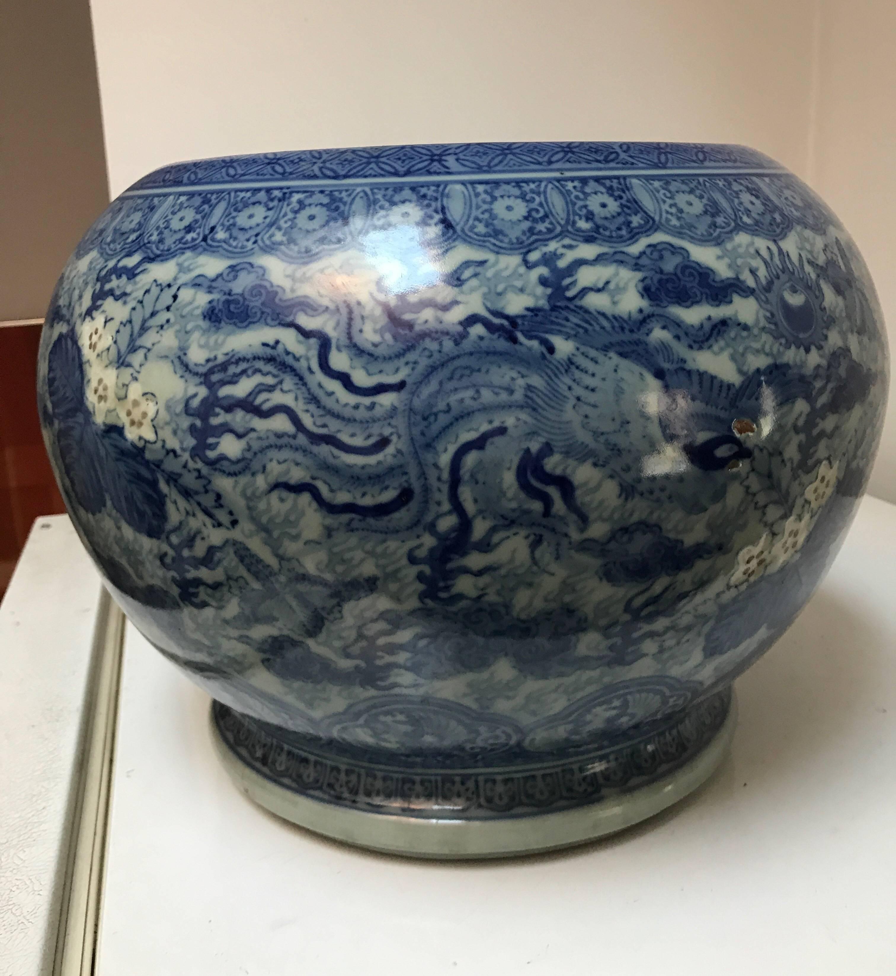 Japanese Blue and White Ceramic Fishbowl Planter Jardinière Cachepot For Sale 6