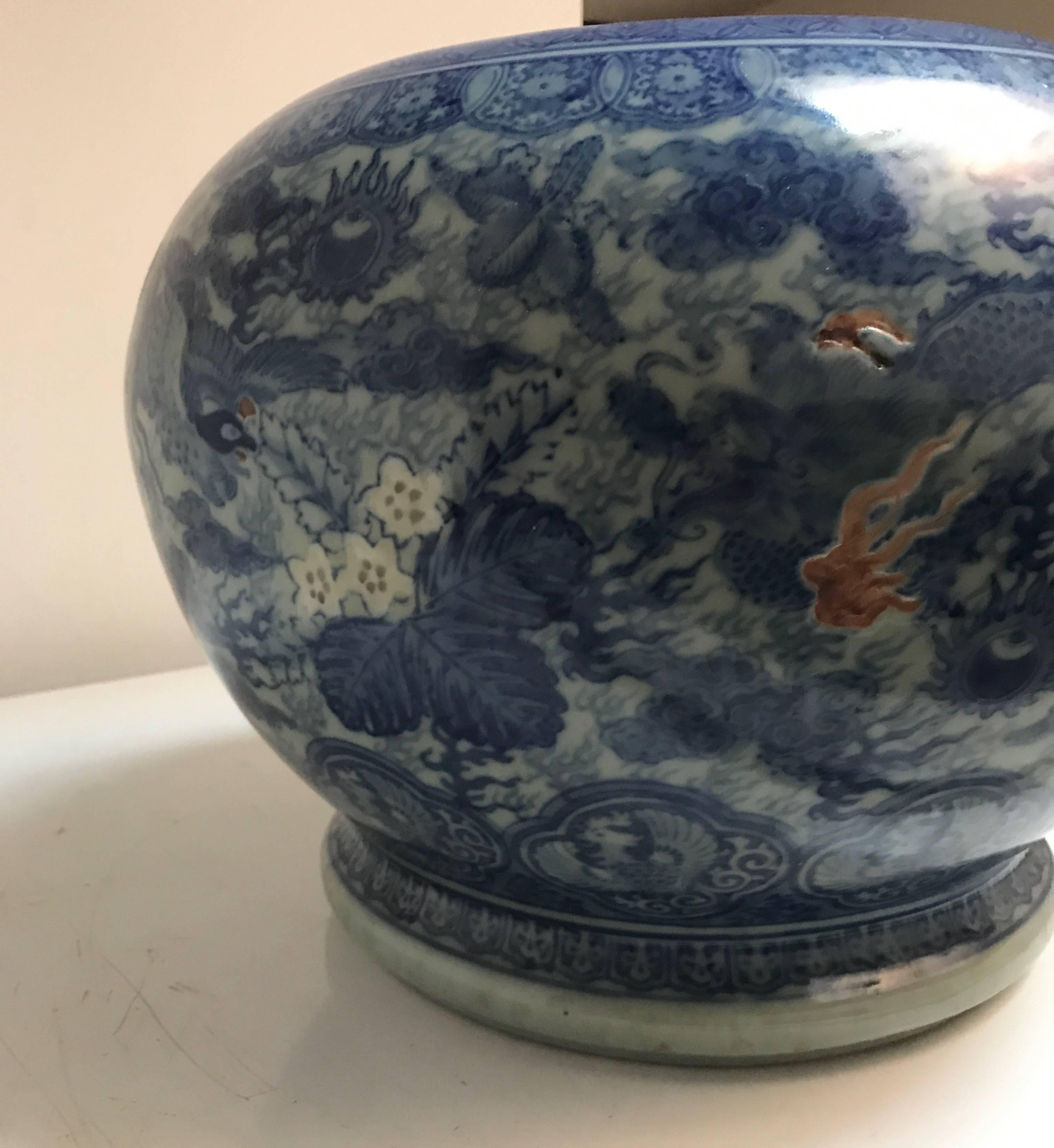 Japanese Blue and White Ceramic Fishbowl Planter Jardinière Cachepot For Sale 8