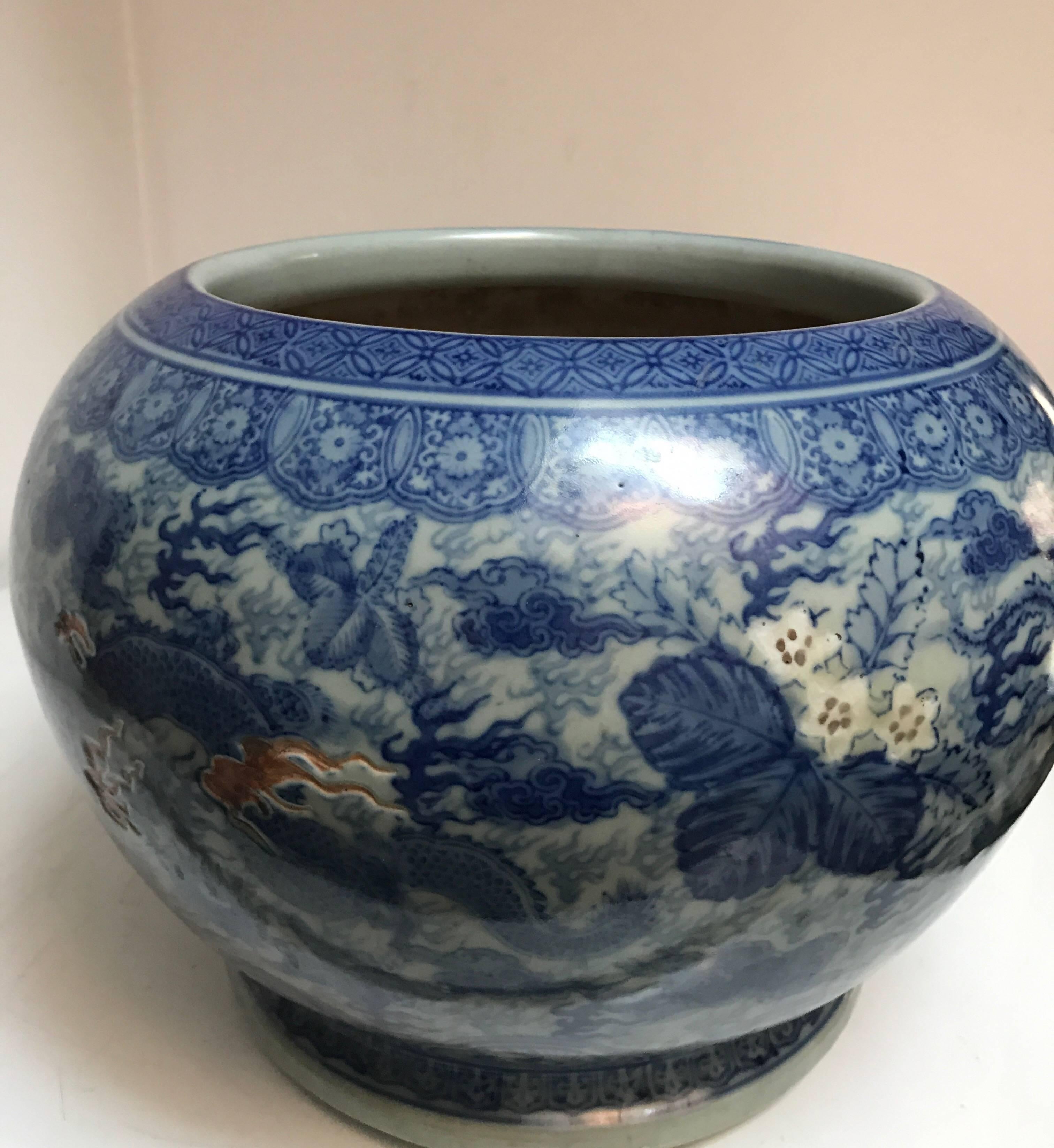 Japanese Blue and White Ceramic Fishbowl Planter Jardinière Cachepot For Sale 9