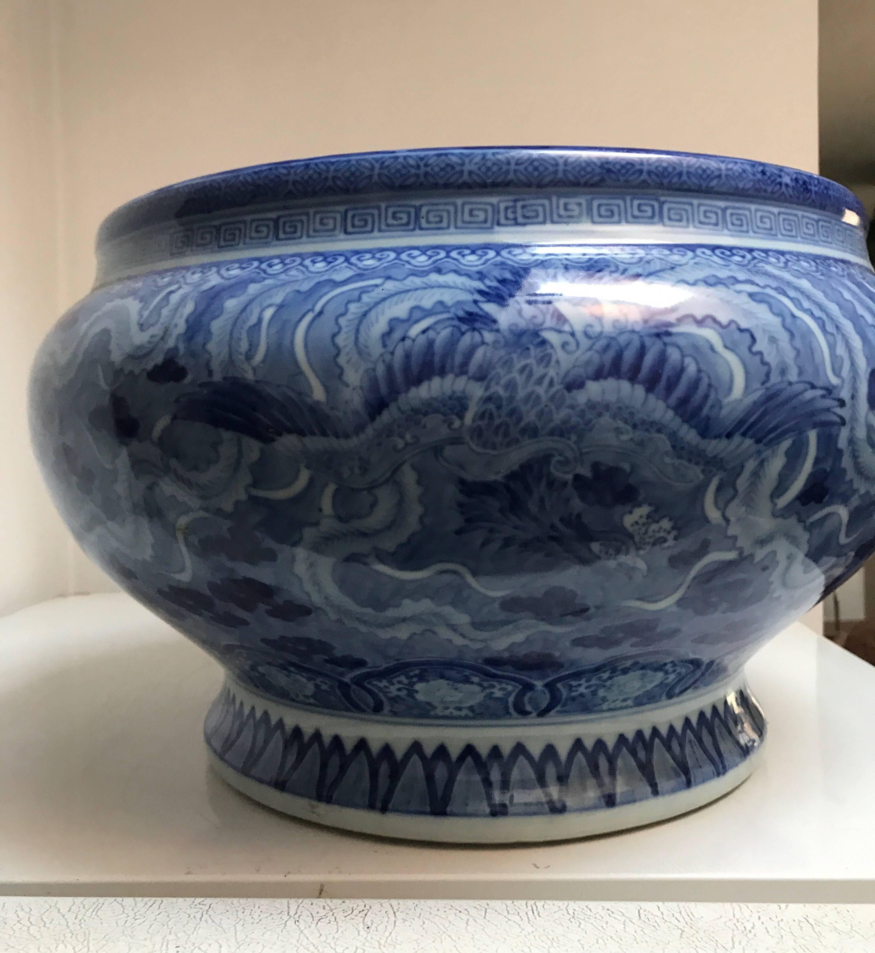 Japanese Blue and White Ceramic Fishbowl Planter Jardinière Cachepot 7