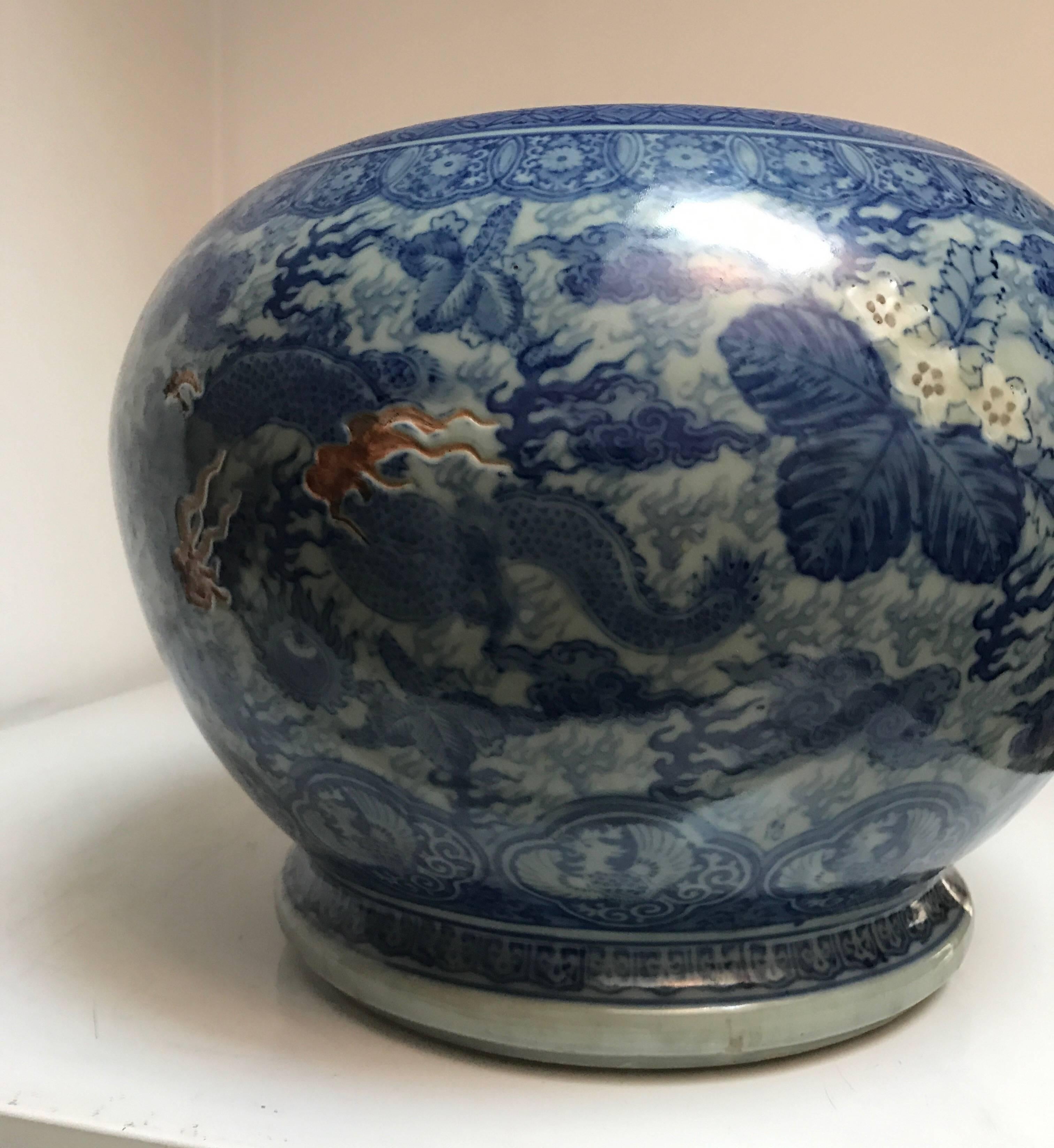Japanese Blue and White Ceramic Fishbowl Planter Jardinière Cachepot For Sale 10