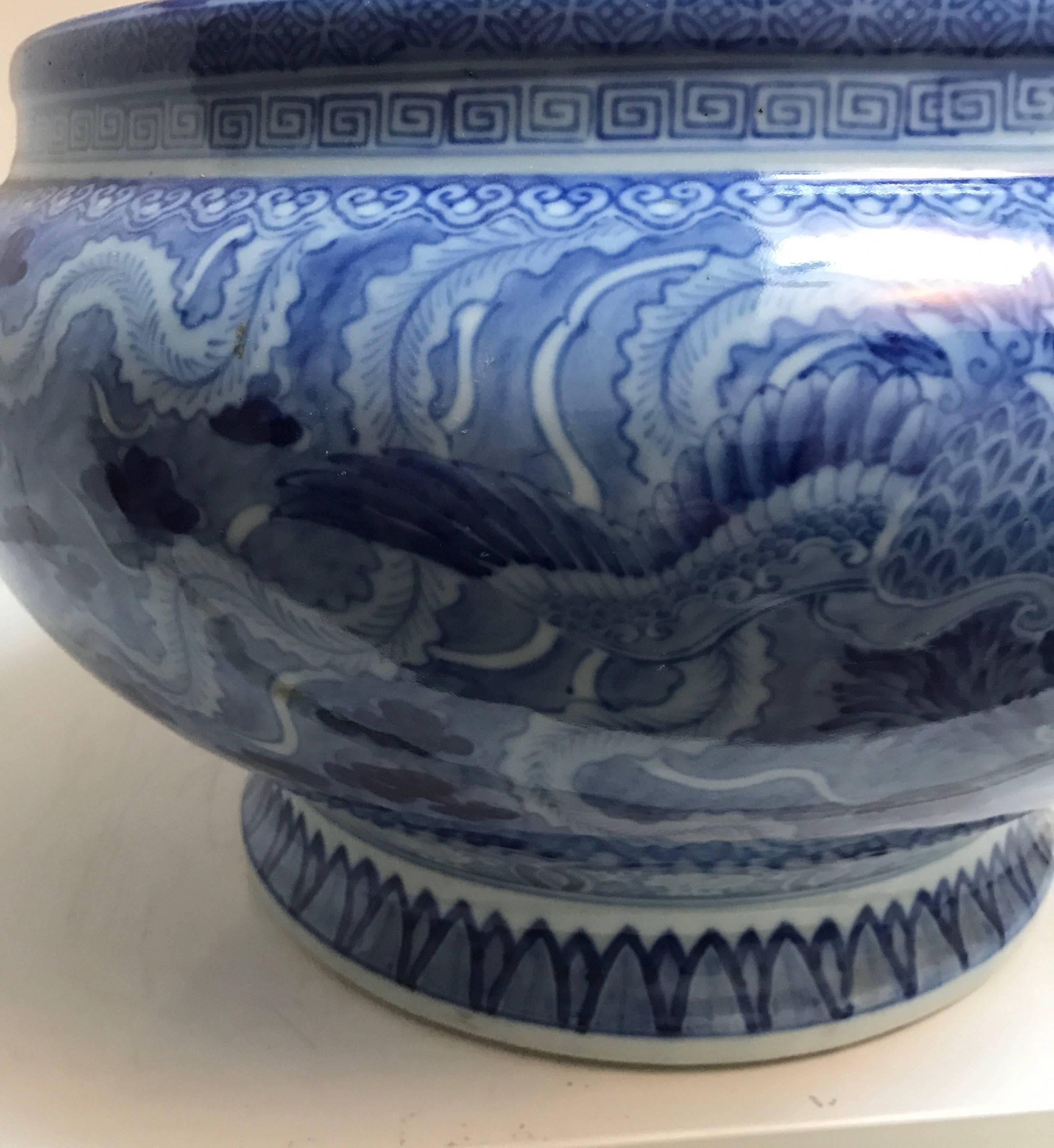 Japanese Blue and White Ceramic Fishbowl Planter Jardinière Cachepot 8