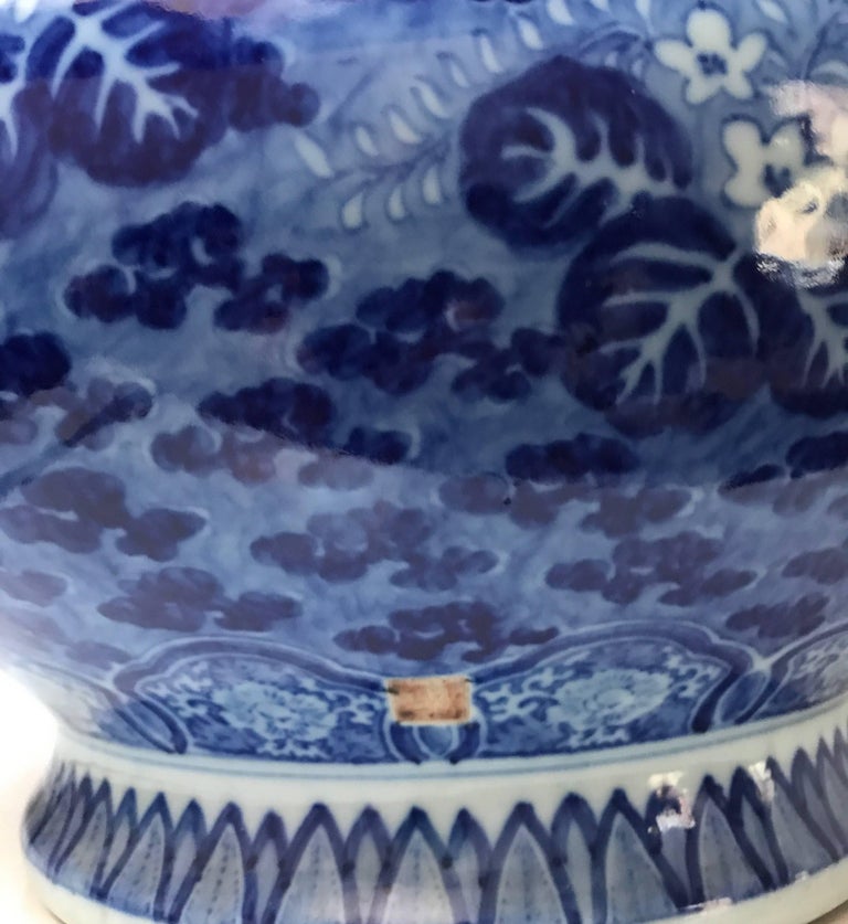 Japanese Blue and White Ceramic Fishbowl Planter Jardinière Cachepot at