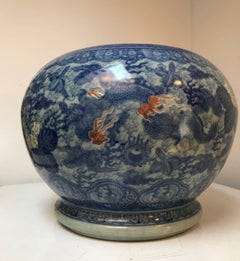 Japanese Blue and White Ceramic Fishbowl Planter Jardinière Cachepot