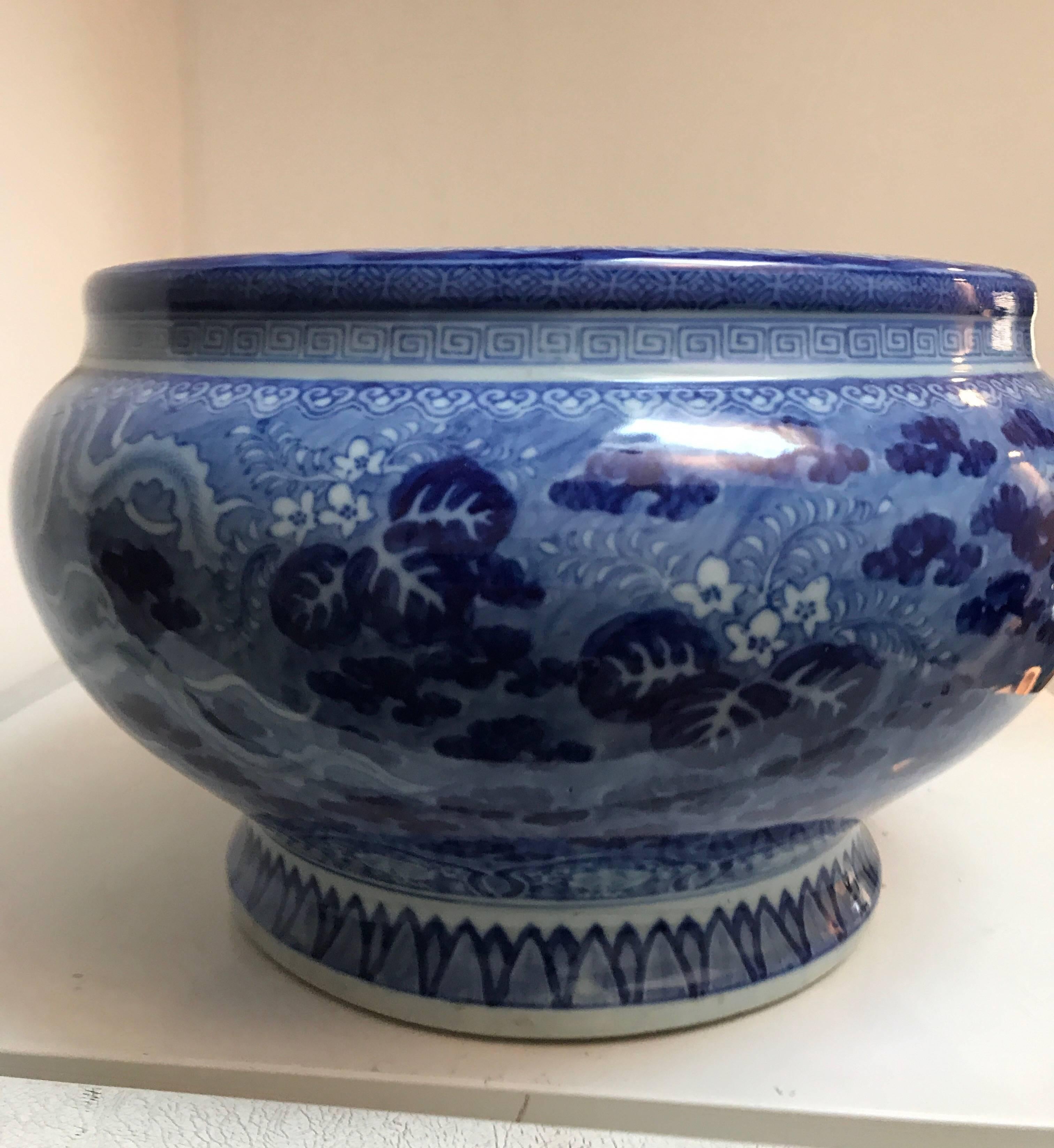 Japanese Blue and White Ceramic Fishbowl Planter Jardinière Cachepot at