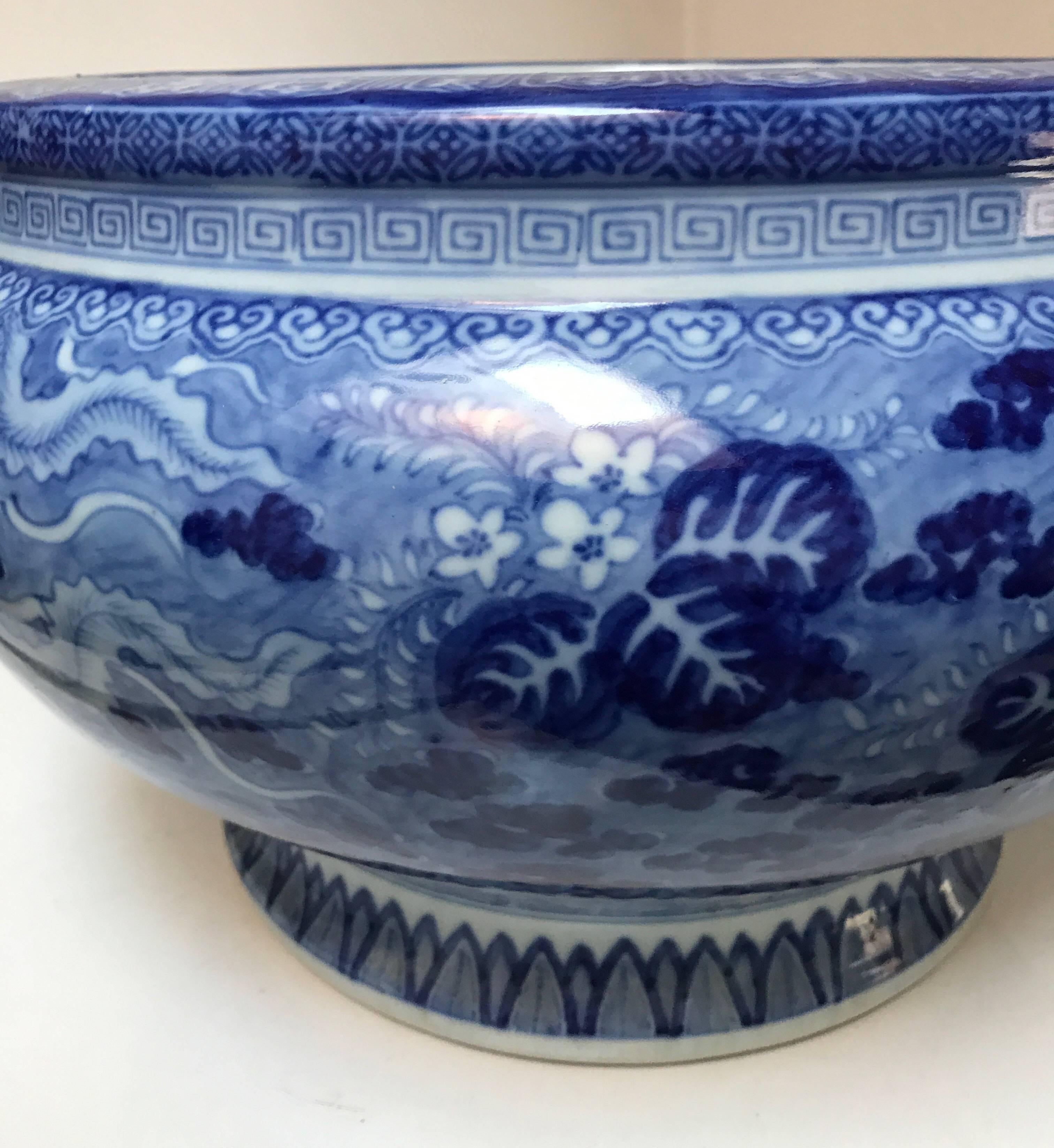 Japanese Blue and White Ceramic Fishbowl Planter Jardinière Cachepot 12