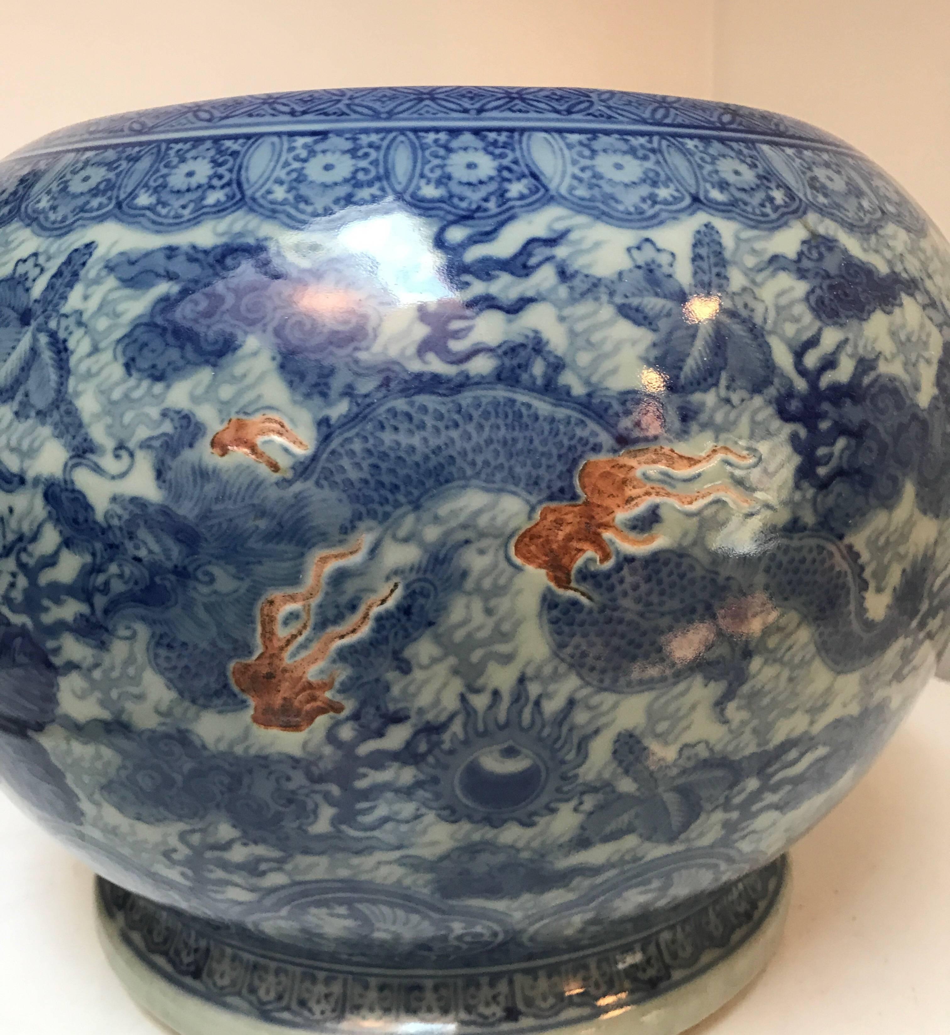 Chinese Export Japanese Blue and White Ceramic Fishbowl Planter Jardinière Cachepot For Sale