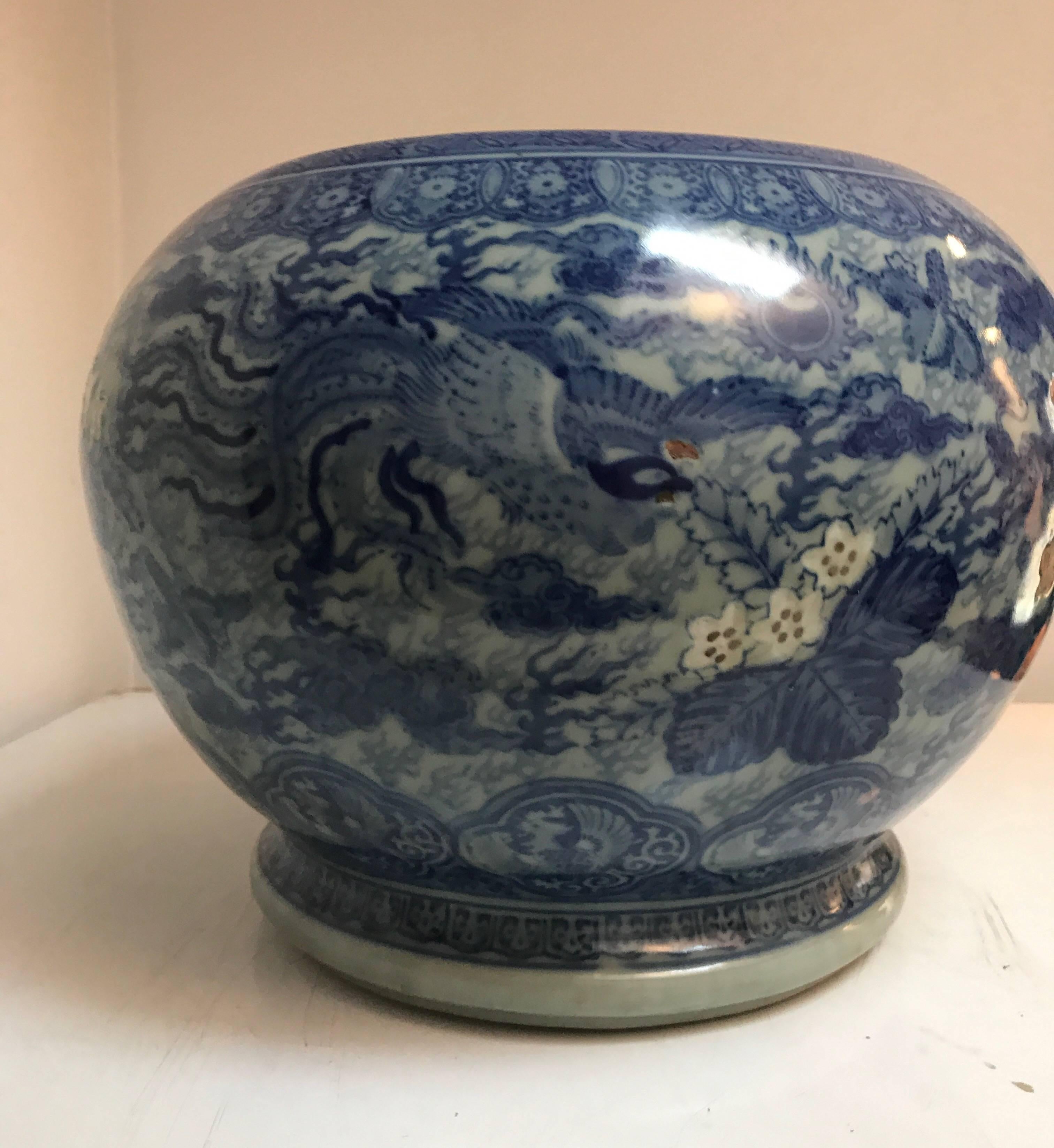 Painted Japanese Blue and White Ceramic Fishbowl Planter Jardinière Cachepot For Sale