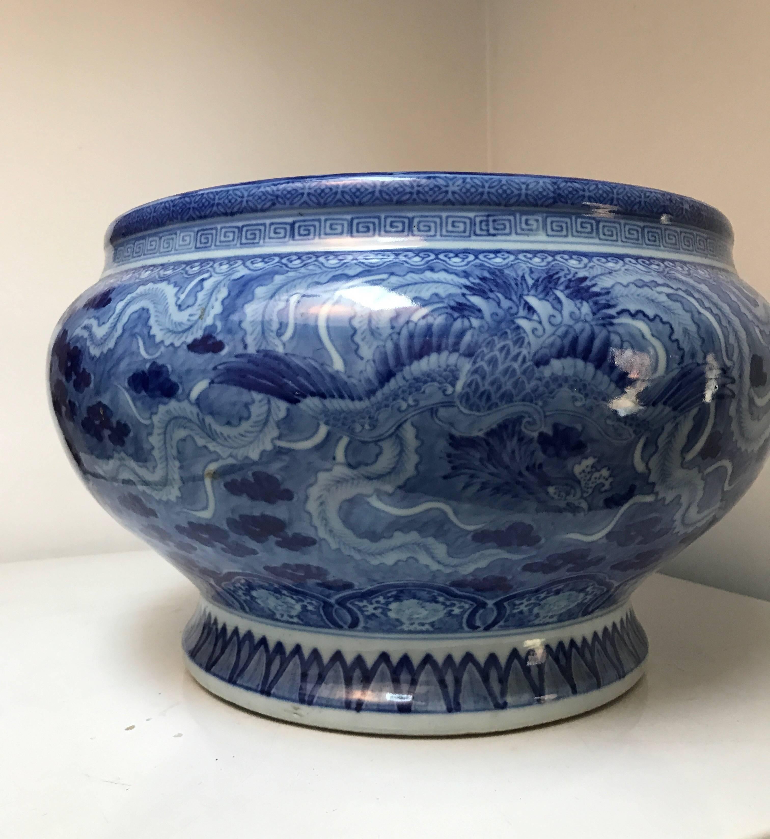 Chinese Export Japanese Blue and White Ceramic Fishbowl Planter Jardinière Cachepot