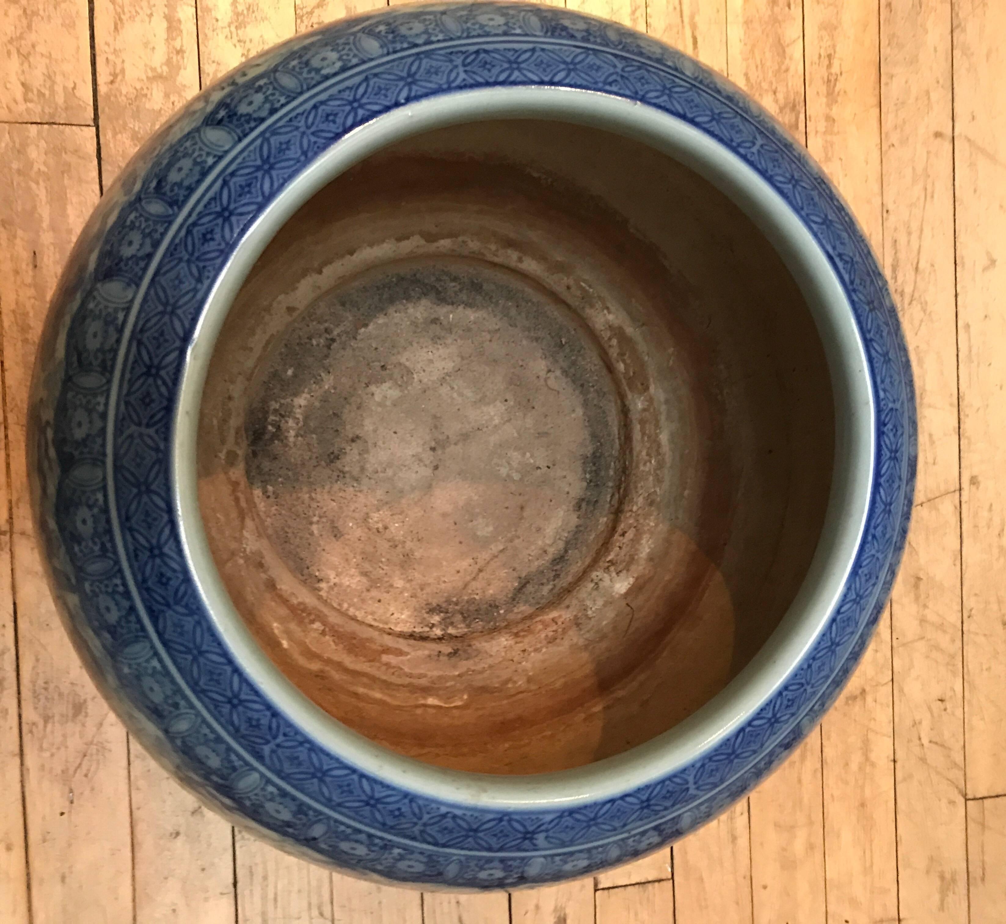 20th Century Japanese Blue and White Ceramic Fishbowl Planter Jardinière Cachepot For Sale