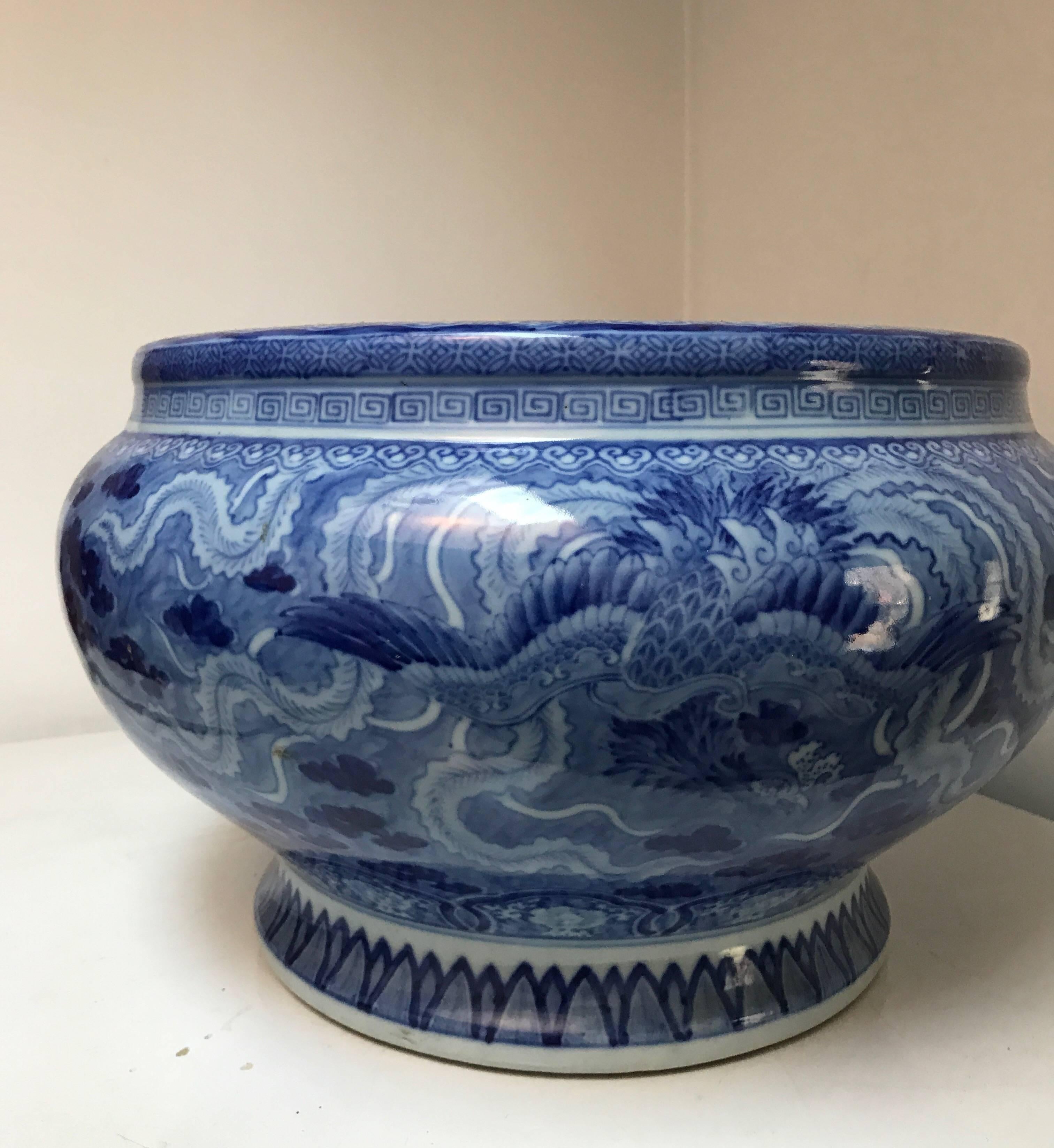 Painted Japanese Blue and White Ceramic Fishbowl Planter Jardinière Cachepot