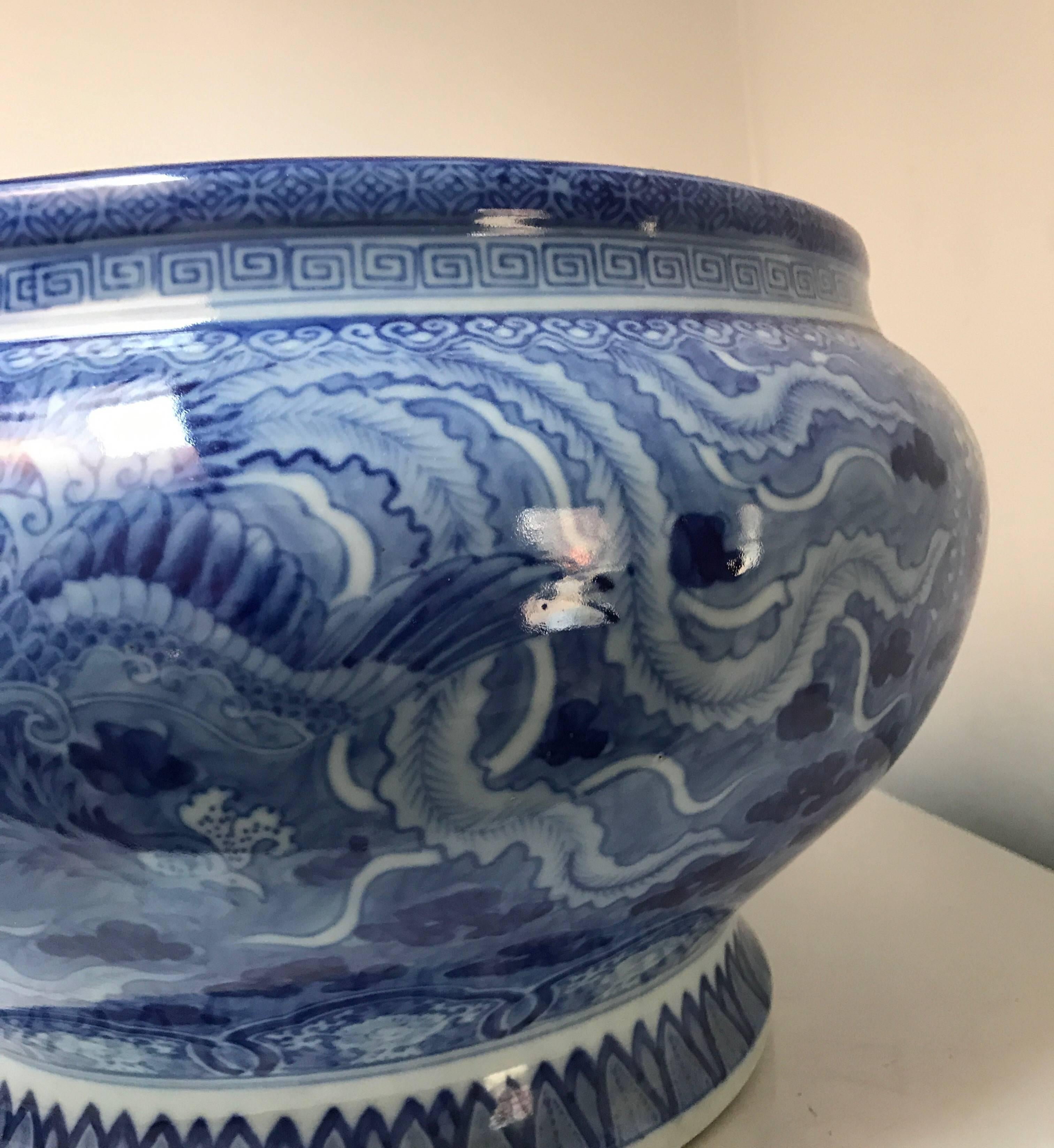 Japanese Blue and White Ceramic Fishbowl Planter Jardinière Cachepot In Good Condition In Chicago, IL