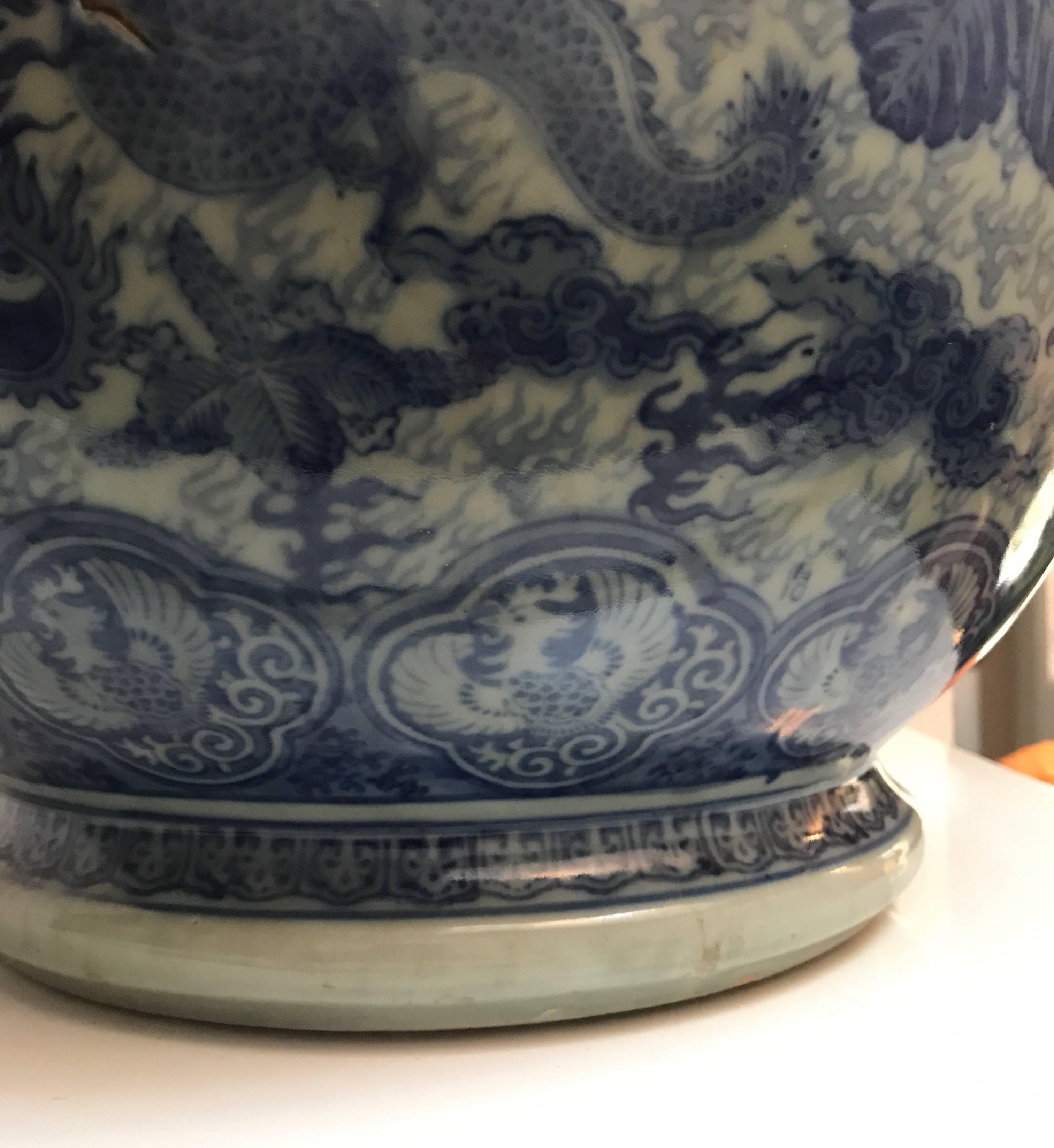 Japanese Blue and White Ceramic Fishbowl Planter Jardinière Cachepot For Sale 2