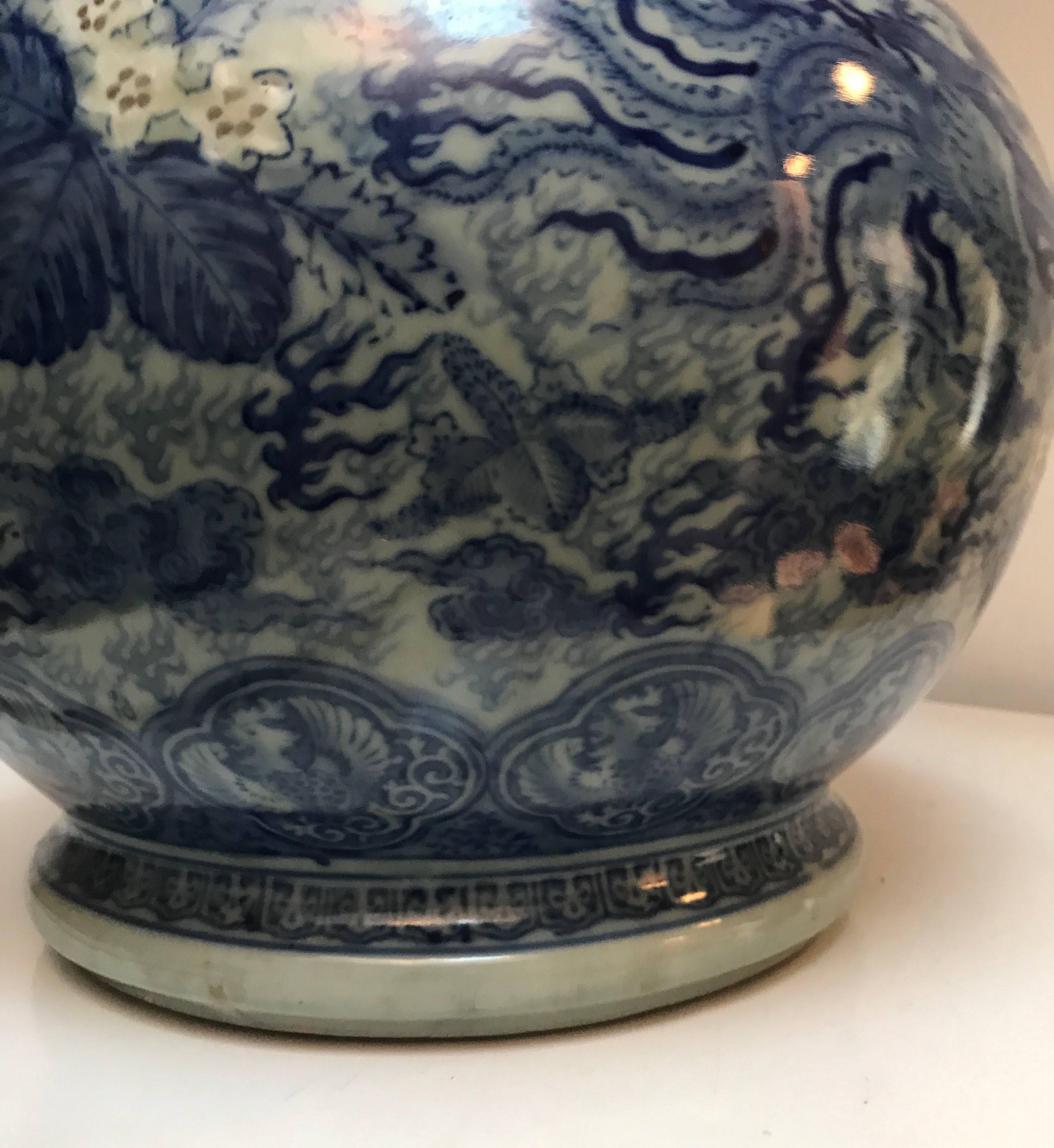 Japanese Blue and White Ceramic Fishbowl Planter Jardinière Cachepot For Sale 3
