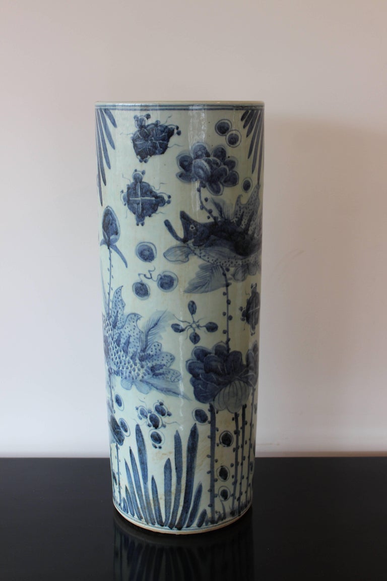 Chinese Blue and White Ceramic Umbrella Stand at 1stDibs