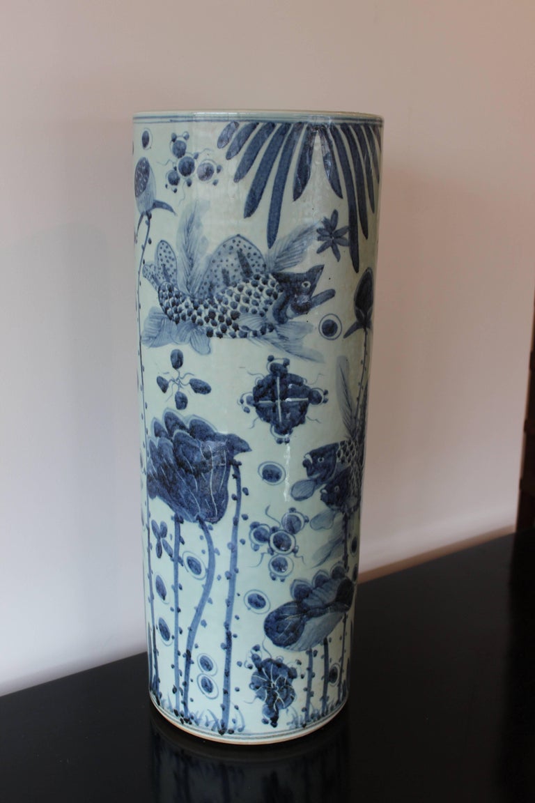 Chinese Blue and White Ceramic Umbrella Stand at 1stDibs