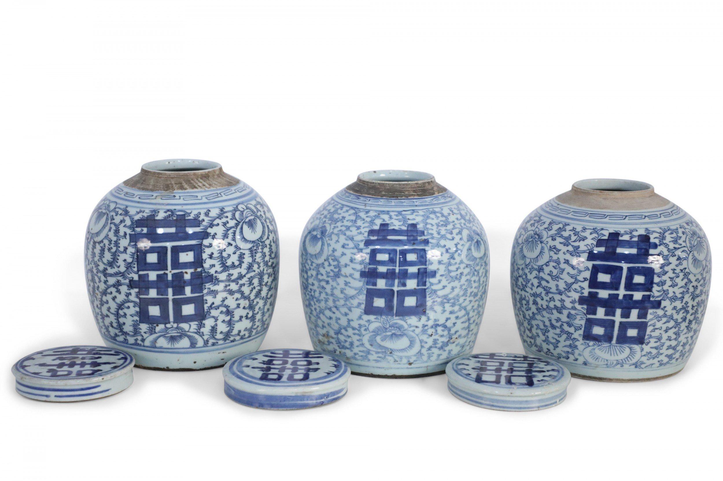 Chinese Export Chinese Blue and White Character Lidded Ginger Jar Vases For Sale