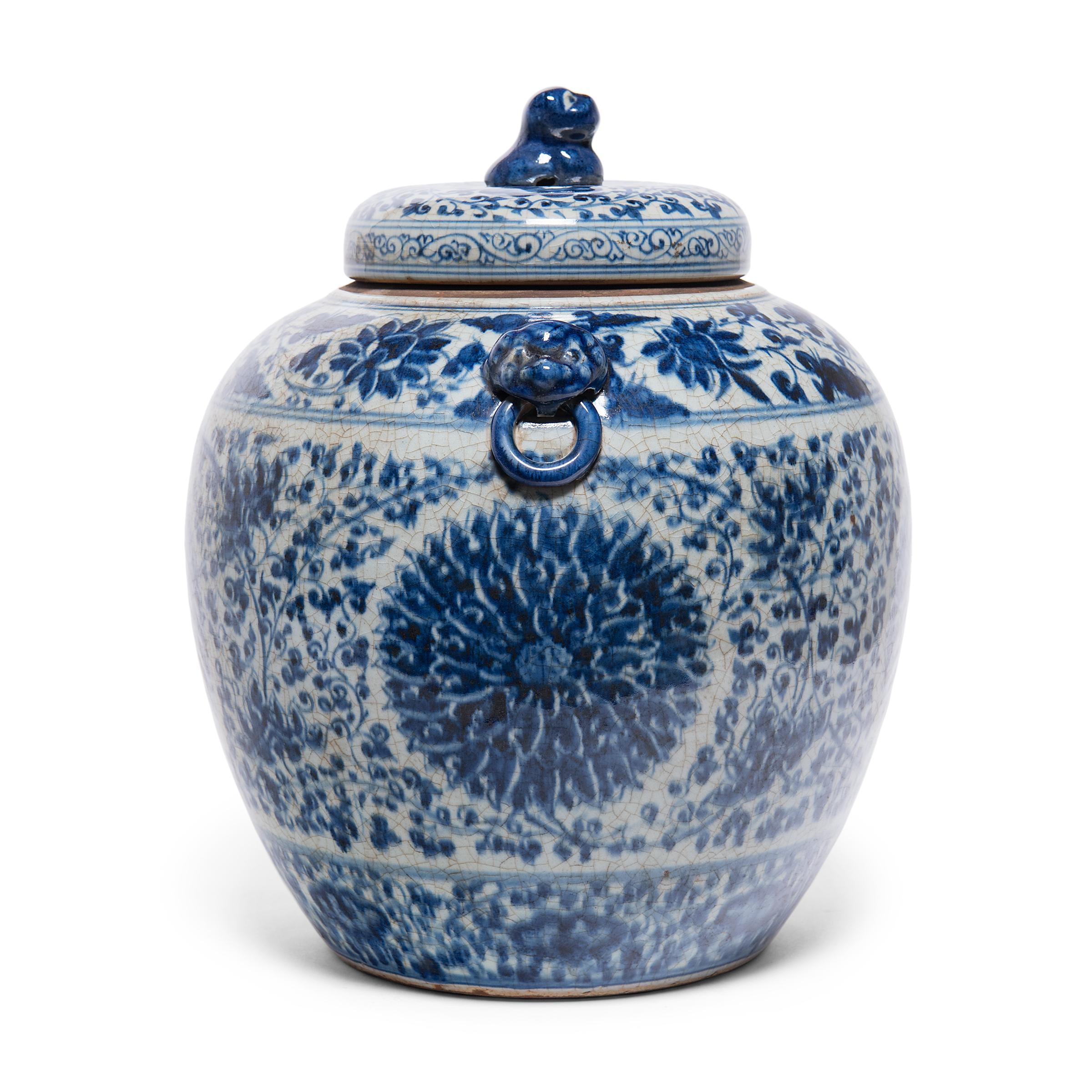 Glazed Chinese Blue and White Chrysanthemum Ginger Jar