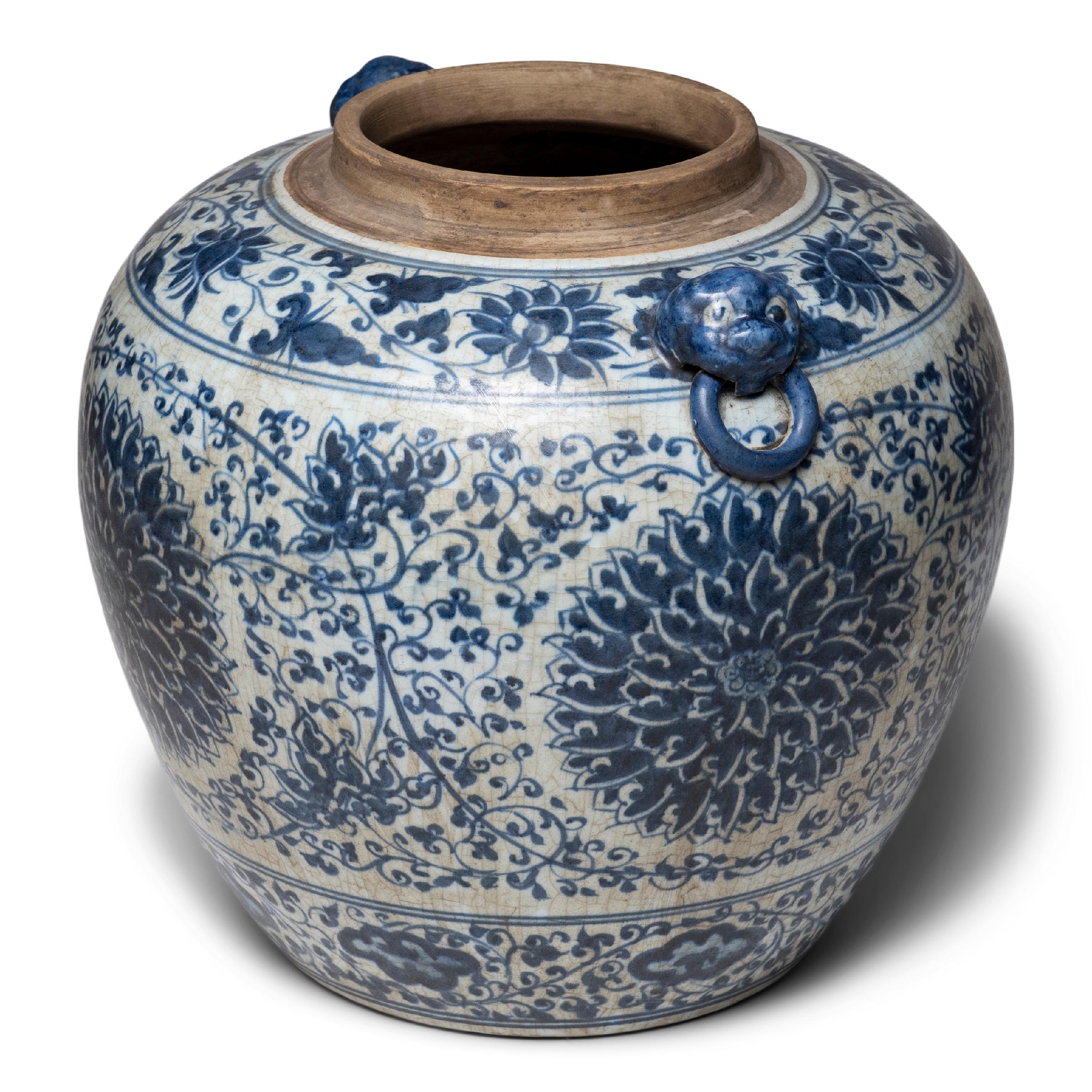 Glazed Chinese Blue and White Chrysanthemum Ginger Jar For Sale