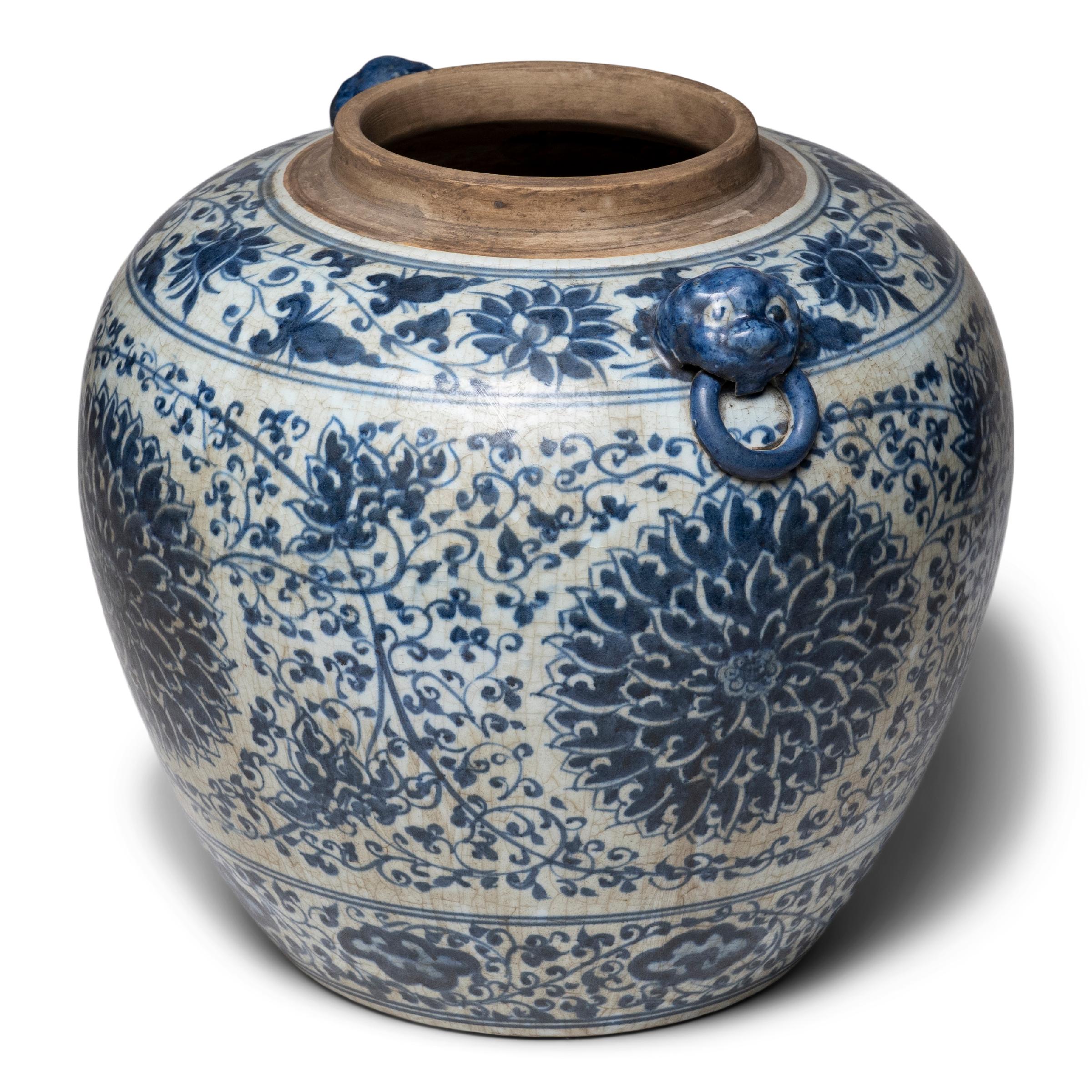 Glazed Chinese Blue and White Chrysanthemum Ginger Jar