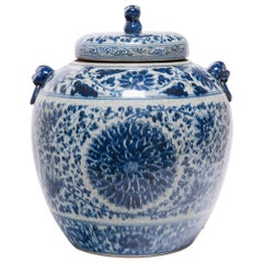 Pot à gingembre chinois bleu et blanc à chrysanthèmes