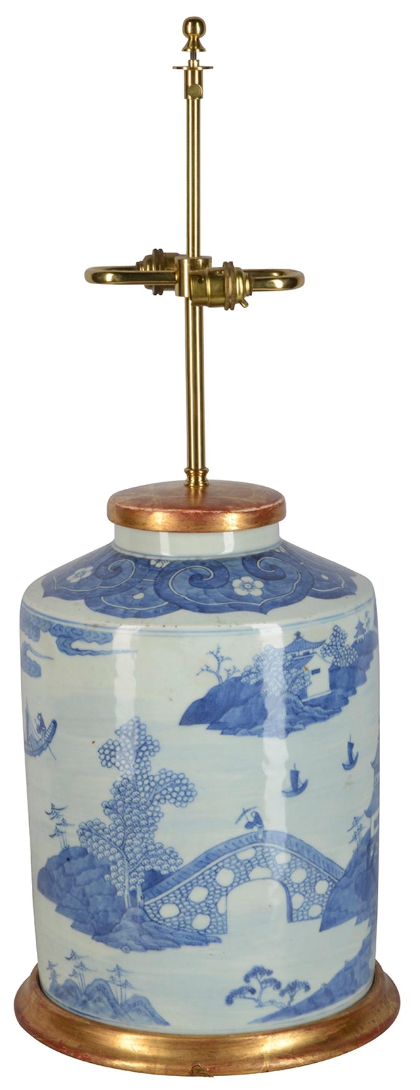 Chinese Export Chinese Blue and White Circular Jar / Lamp, Late 19th Century